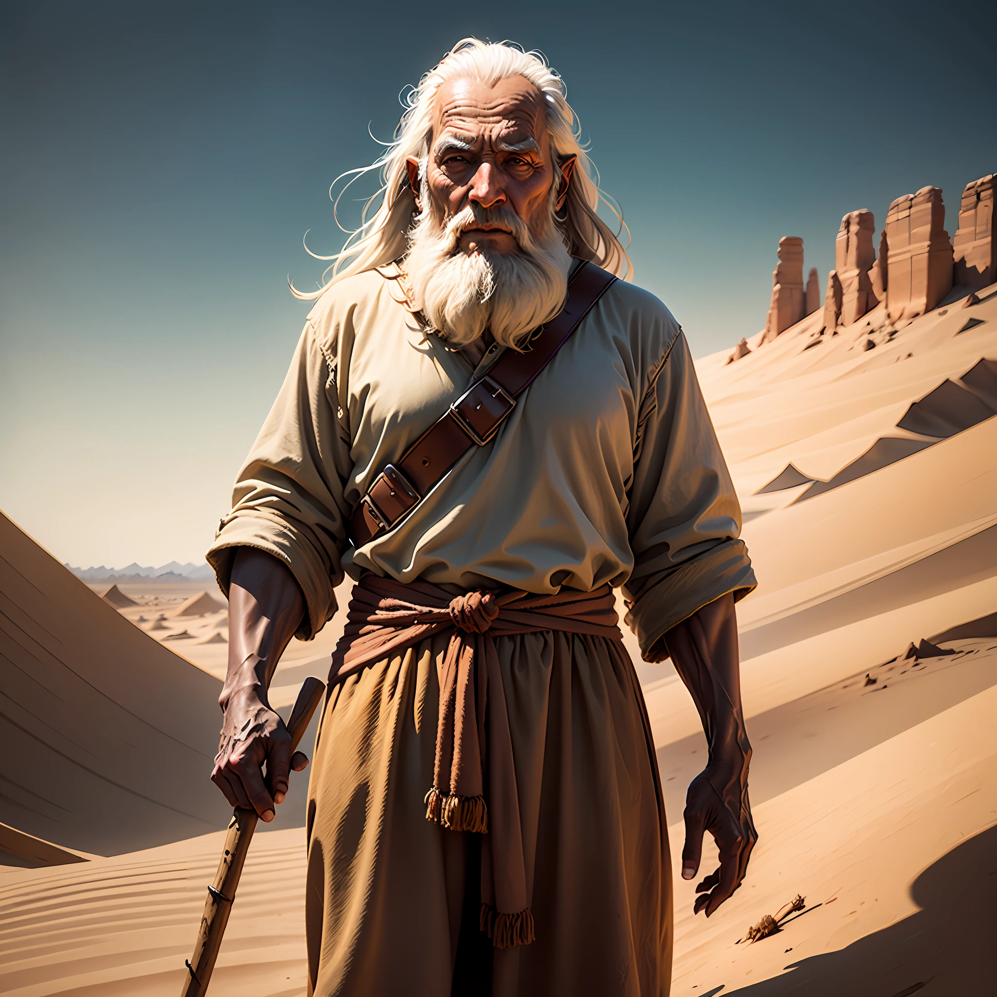 Moses from the Bible, imagem ultra realista e super detalhada, holding a stick in your hand, background image resembles there is a desert environment, barba longa, Appearance of an old man of 4,000 years ago --