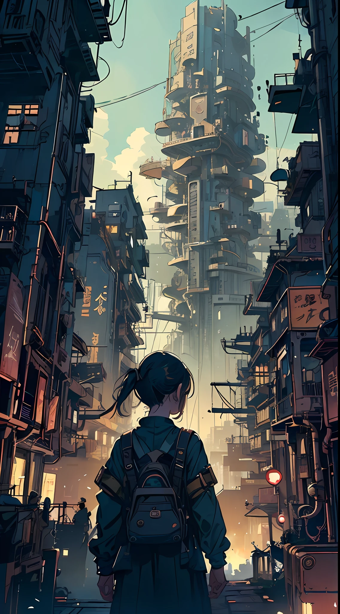 A ray of hope in a dystopia、A young girl wanders into a dark Chinese skyscraper、One 's back in the back center of the screen、Very complex cityscape、A devastated world、Pulling composition、industrial、High-definition depiction、A city lined with electric wires、Magic Hour、Make a story with 4 sheets