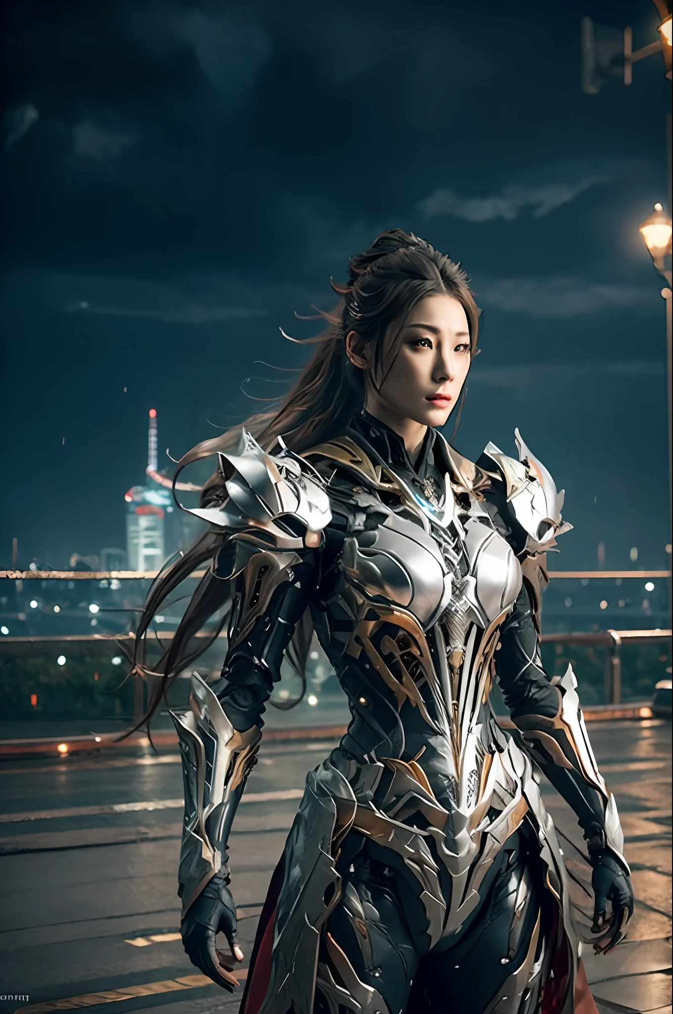 1 japanese girl, WARFRAME, intricate pattern, heavy metal, energy lines, faceless, glowing eyes, long silver hair, wind blown hair, elegant, intense, blood red and black uniform, solo, modern, city, streets, dark clouds, thunderstorm, heavy rain,
dramatic lighting,
(masterpiece:1.2), best quality, high resolution, beautiful detailed, extremely detailed, perfect lighting,