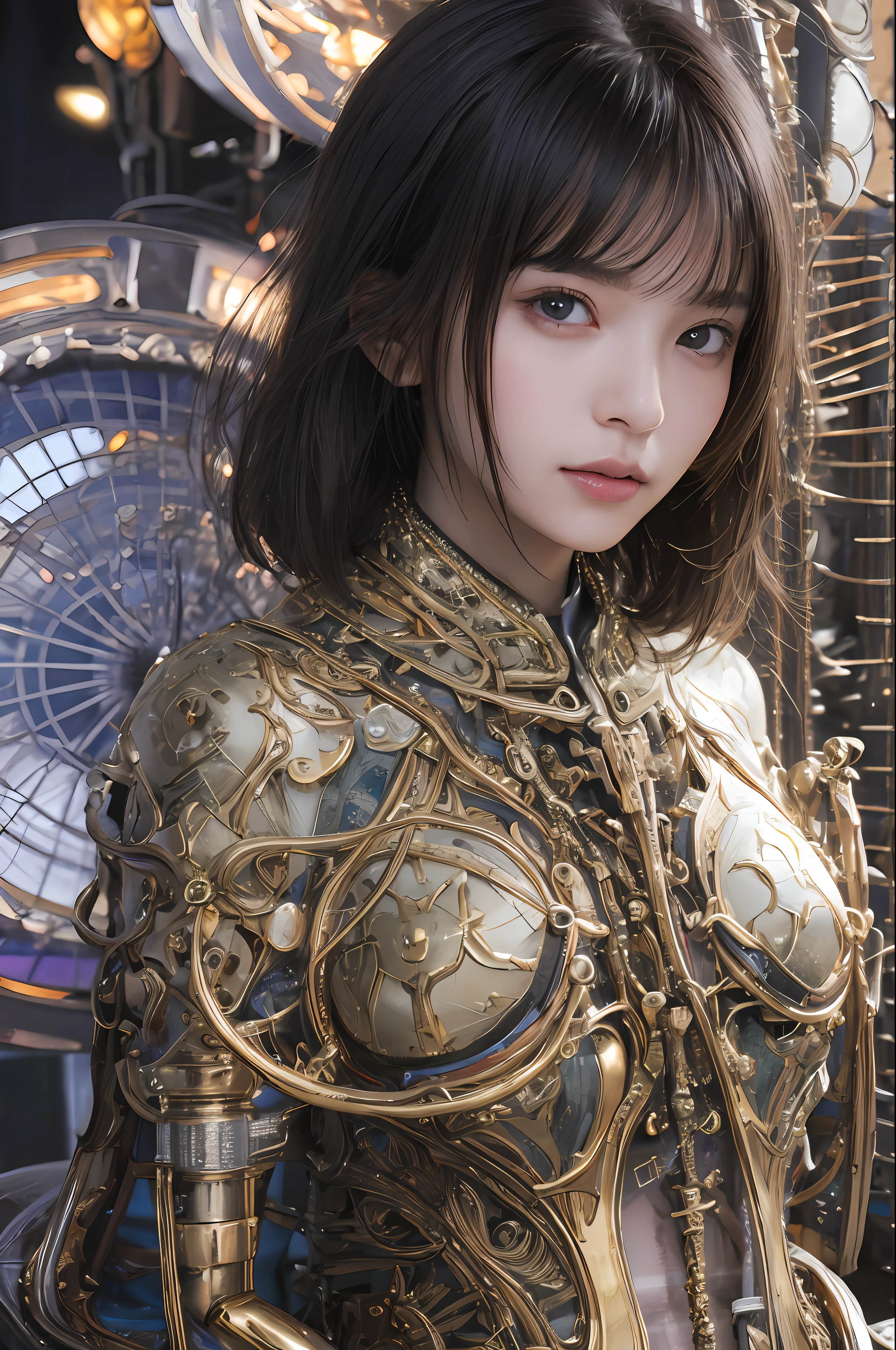 beste-Qualit、masterpiece、Super-High Resolution、(photorealisitc:1.4)、Raw photo、1人、Black hair、glowy skin、Steampunk Girl、((Ultra Realistic Detail))、portlate、Global Illumination、Shadow、octan render、in 8K、ultrasharp、hugetits、Raw skin is exposed in cleavage、metals、Details of complex ornaments、Gothloli details、Luminous tube、Analog Meter、Golden hydraulic cylinder、highly intricate detail、Realistic light、CGSoation Trends、purple-eyed、radiant eyes、Facing the camera、neon details、Mechanical limbs、blood vessels connected to tubes、Mechanical vertebrae attached to the back、mechanical cervical attaching to neck、sitting on、Wires and cables connecting to the head、Small LED lamp、