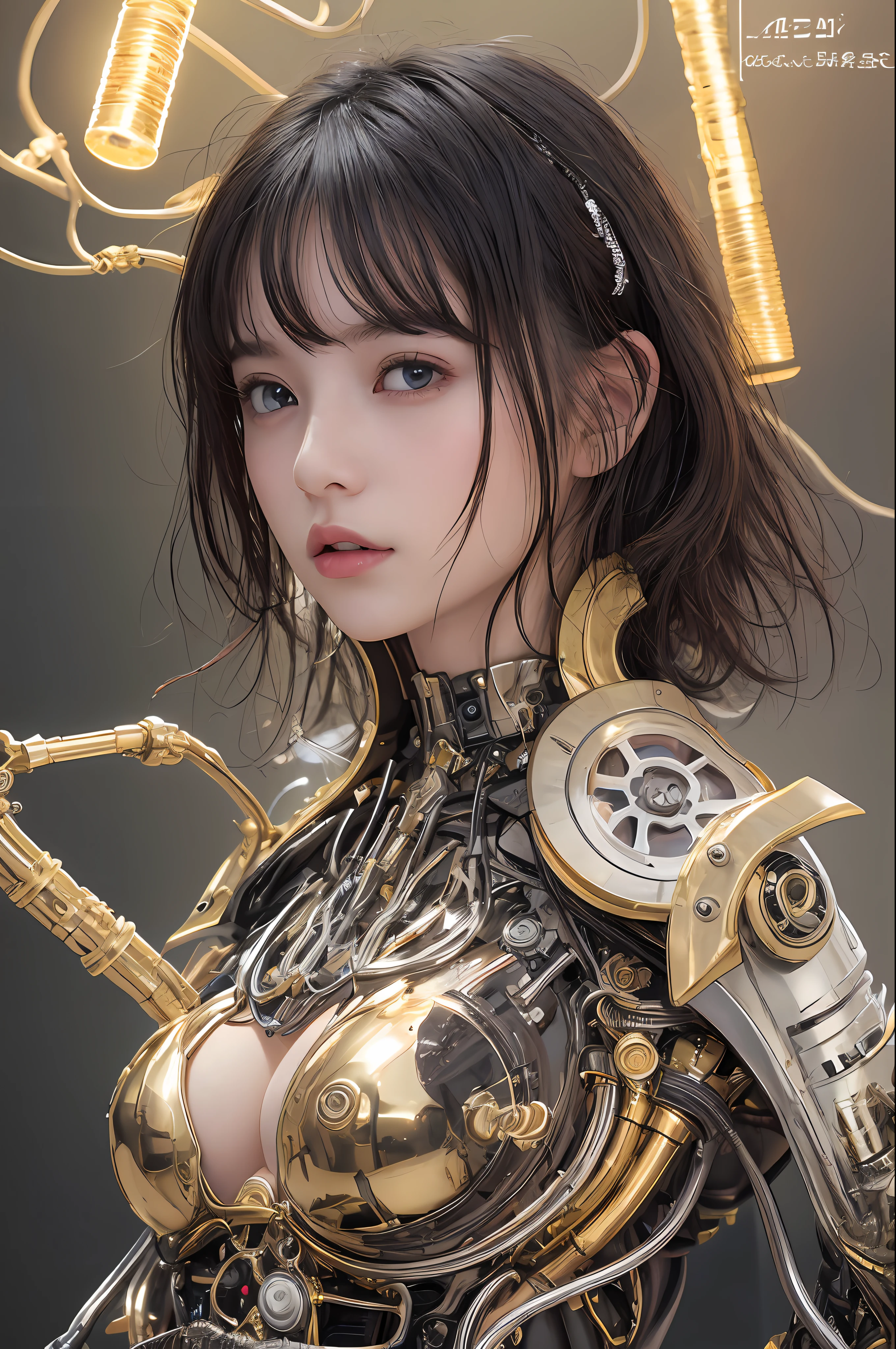 beste-Qualit、masterpiece、Super-High Resolution、(photorealisitc:1.4)、Raw photo、1人、Black hair、glowy skin、Steampunk Girl、((Ultra Realistic Detail))、portlate、Global Illumination、Shadow、octan render、in 8K、ultrasharp、hugetits、Raw skin is exposed in cleavage、metals、Details of complex ornaments、Gothloli details、Luminous tube、Analog Meter、Golden hydraulic cylinder、highly intricate detail、Realistic light、CGSoation Trends、purple-eyed、radiant eyes、Facing the camera、neon details、Mechanical limbs、blood vessels connected to tubes、Mechanical vertebrae attached to the back、mechanical cervical attaching to neck、sitting on、Wires and cables connecting to the head、Small LED lamp、