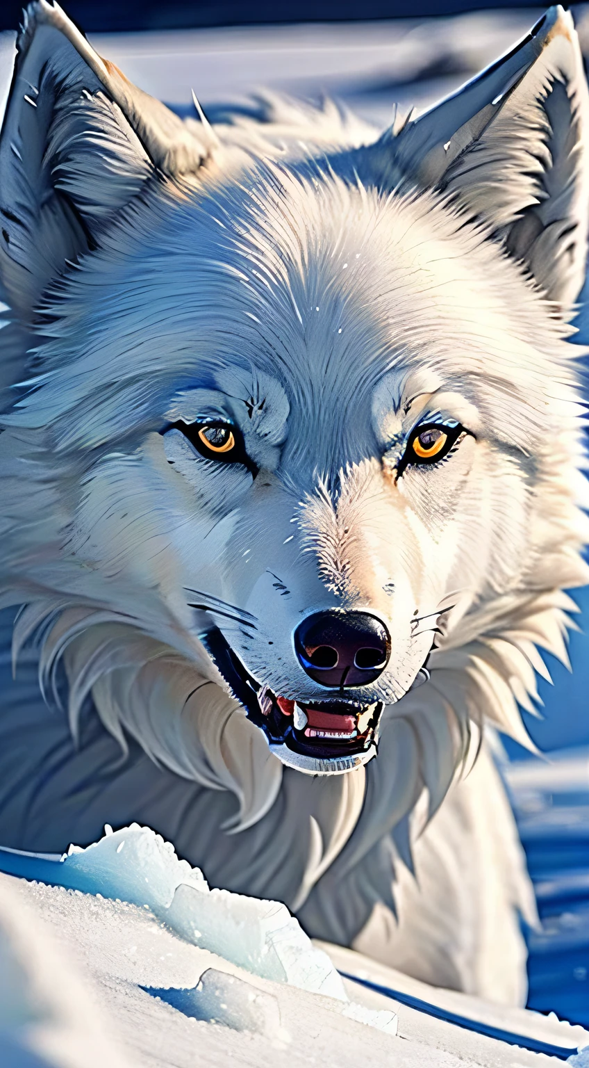 An arctic wolf,White hair,The eyes are fierce,Tooth grinned,Strong,Senescence,The background is the Arctic、ice field,Extremely cold weather,In the daytime