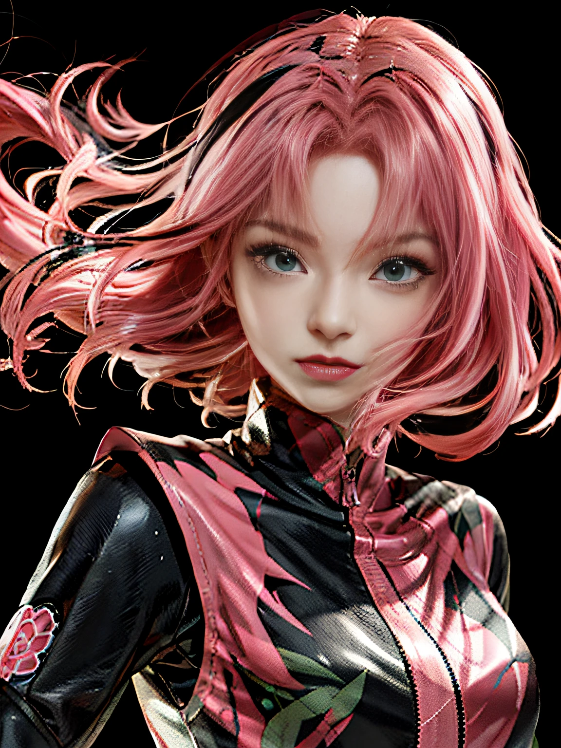 anime girl with pink hair and green eyes in a black top, sakura haruno, sakura haruno, sakura haruno in slug sage mode, Best anime 4k konachan wallpaper, mirai nikki, style of anime4 K, up of young anime girl, with pink hair, (animemanga girl), anime style character, anime figure, High Quality Anime Art Style, female anime character