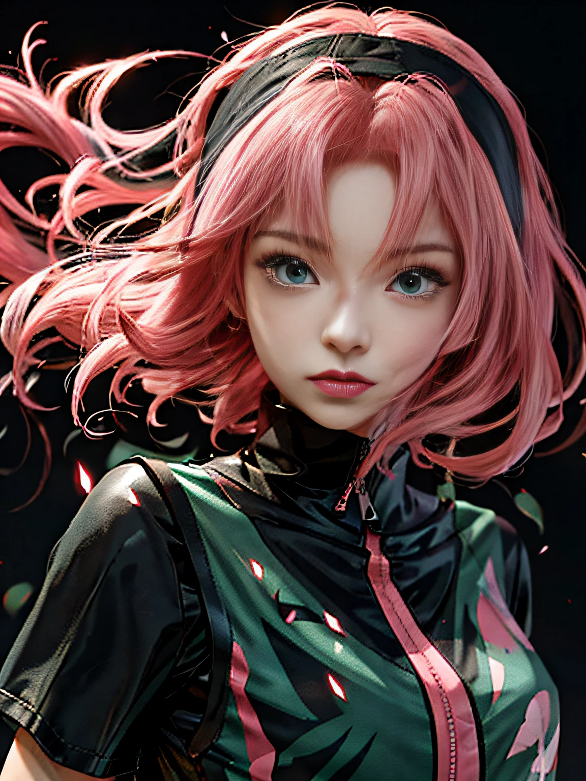 anime girl with pink hair and green eyes in a black top, sakura haruno, sakura haruno, sakura haruno in slug sage mode, Best anime 4k konachan wallpaper, mirai nikki, style of anime4 K, up of young anime girl, with pink hair, (animemanga girl), anime style character, anime figure, High Quality Anime Art Style, female anime character