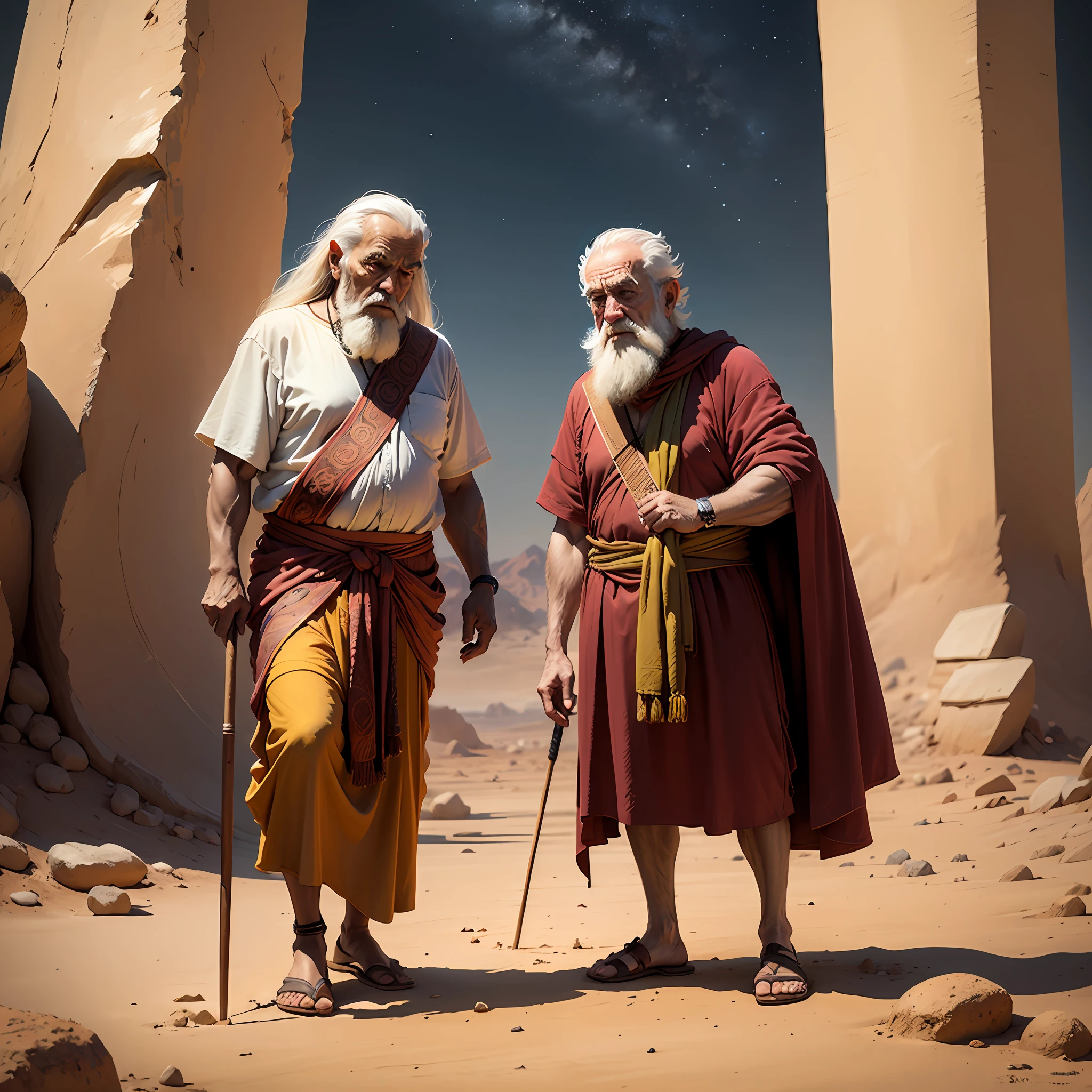 Moses from the Bible, imagem ultra realista e super detalhada, holding a stick in your hand, background image resembles there is a desert environment, barba longa, Appearance of an old man of 4,000 years ago --