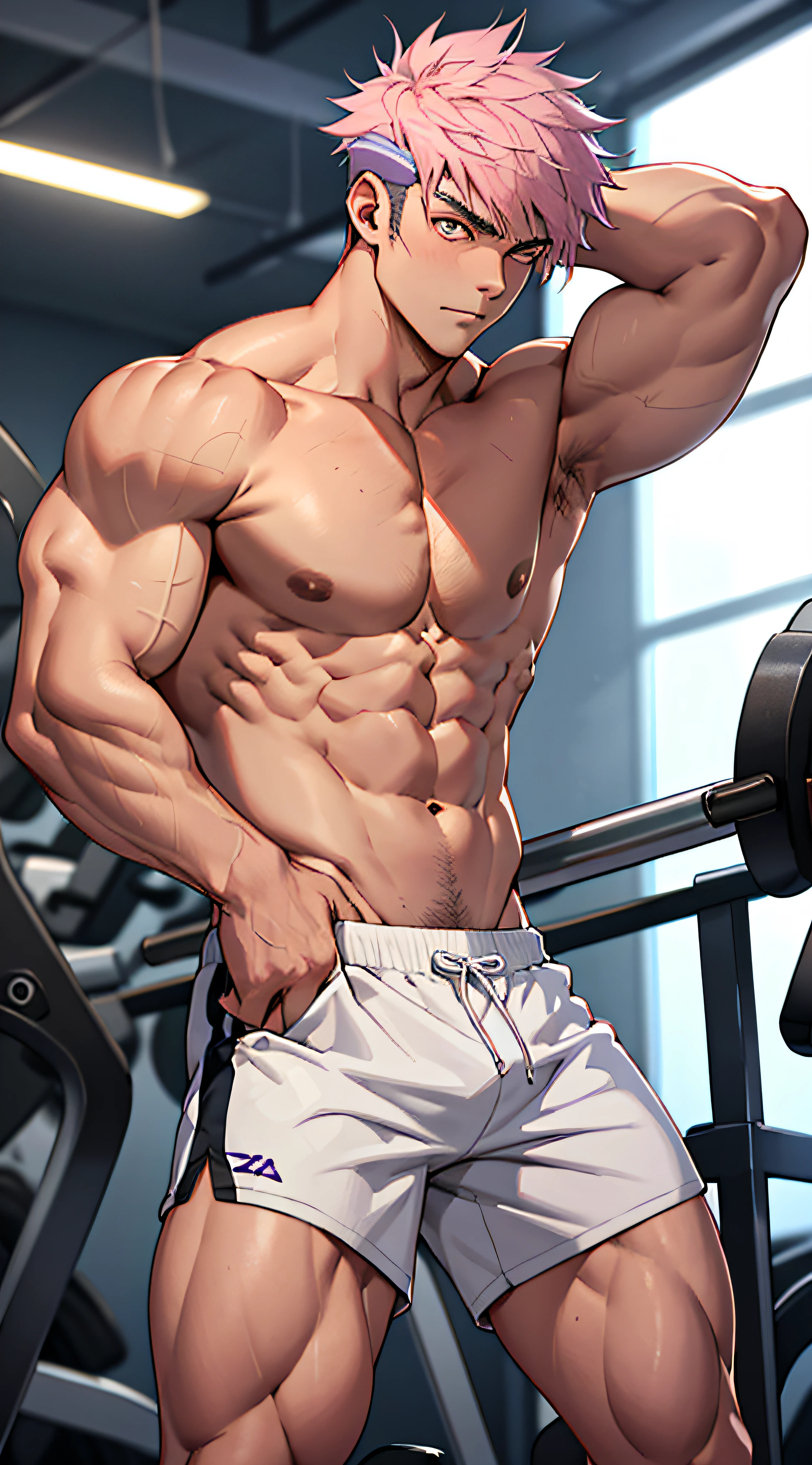 best quailty：1.0），（The ultra-Highres：1.0），Anime boys，Short lilac hair，Off-white eyes，in  the gym，Muscles are strong，Pectoral and abdominal muscles，Pink tight shorts，No tops