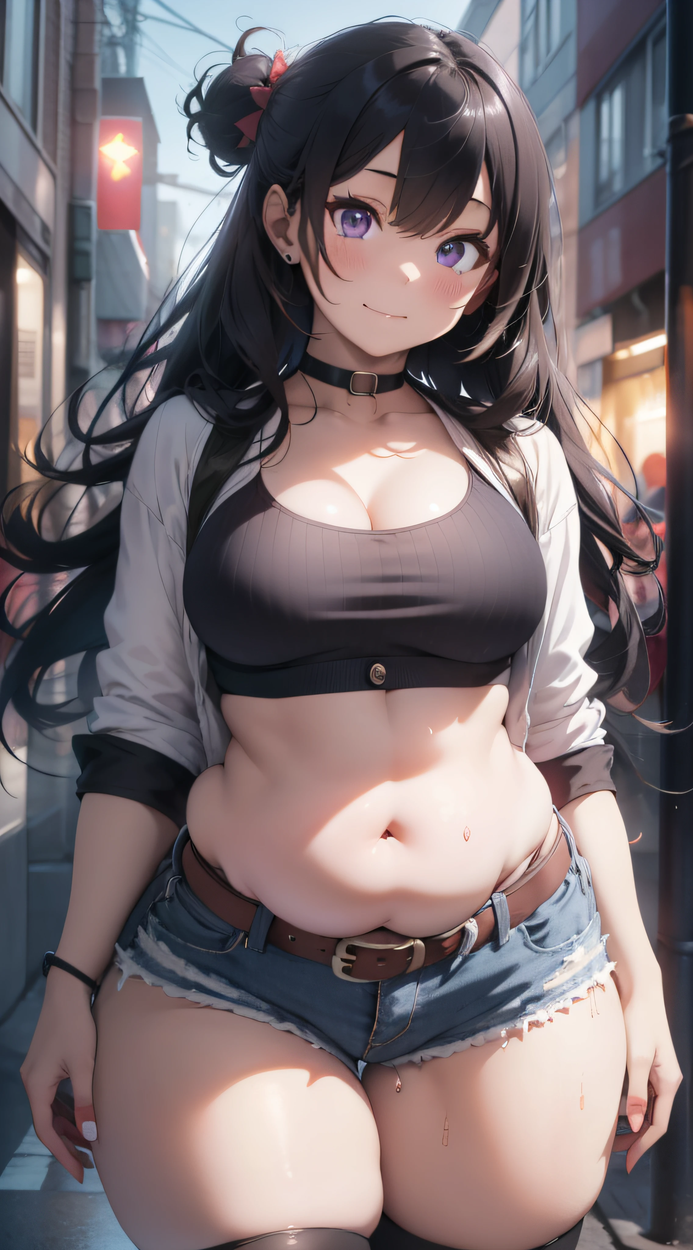 Masterpiece, high quality, best quality, beautiful, HD, perfect lighting, detailed face, detailed body, ((1girl)), ((solo)), long black hair, (fluffy hair), flowing hair, purple eyes, confitent smile, blush, ((black crop top)), ((white overshirt)), ((shorts)), thigh highs, choker, belt across hip, (((small breasts))), cleavage, perky breasts, ((she is bottom-heavy)), ((((wide hips)))), (((((thick thighs))))), ((((chubby)))), fat rolls, ((tummy bulge)), ((belly bulge over belt)), ((belly hang)), night time, she has gained weight, (tight clothes), street, buildings, city