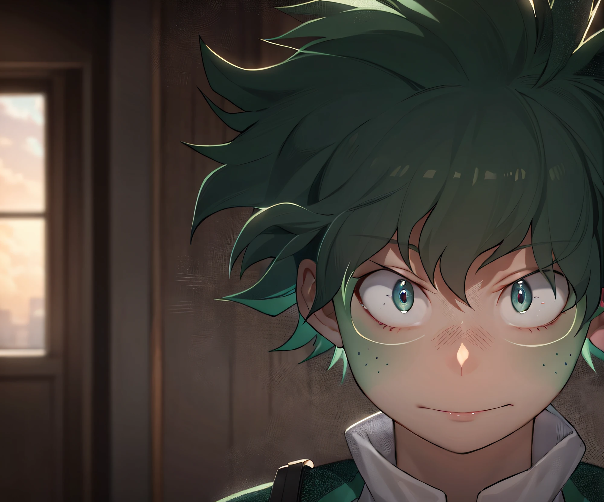 realistic, 8k, photorealistic, Izuku Midoriya, deku, cinematic lighting, sun, light rays