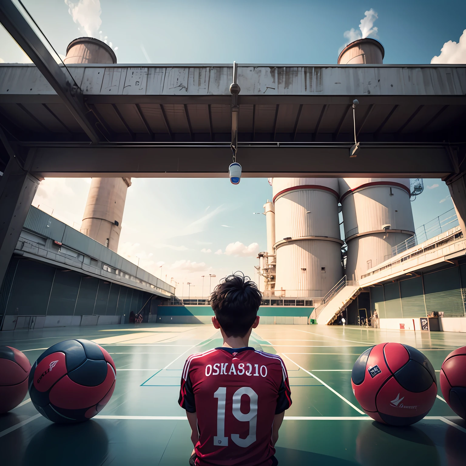 The close-up is a futsal game,There are about 10 athletes,4、5 close-up players fighting for football,There were about thirty or forty spectators in the middle scene,The audience is shouting,Wielding streamers,The vision is a power plant,The sky is blue --auto