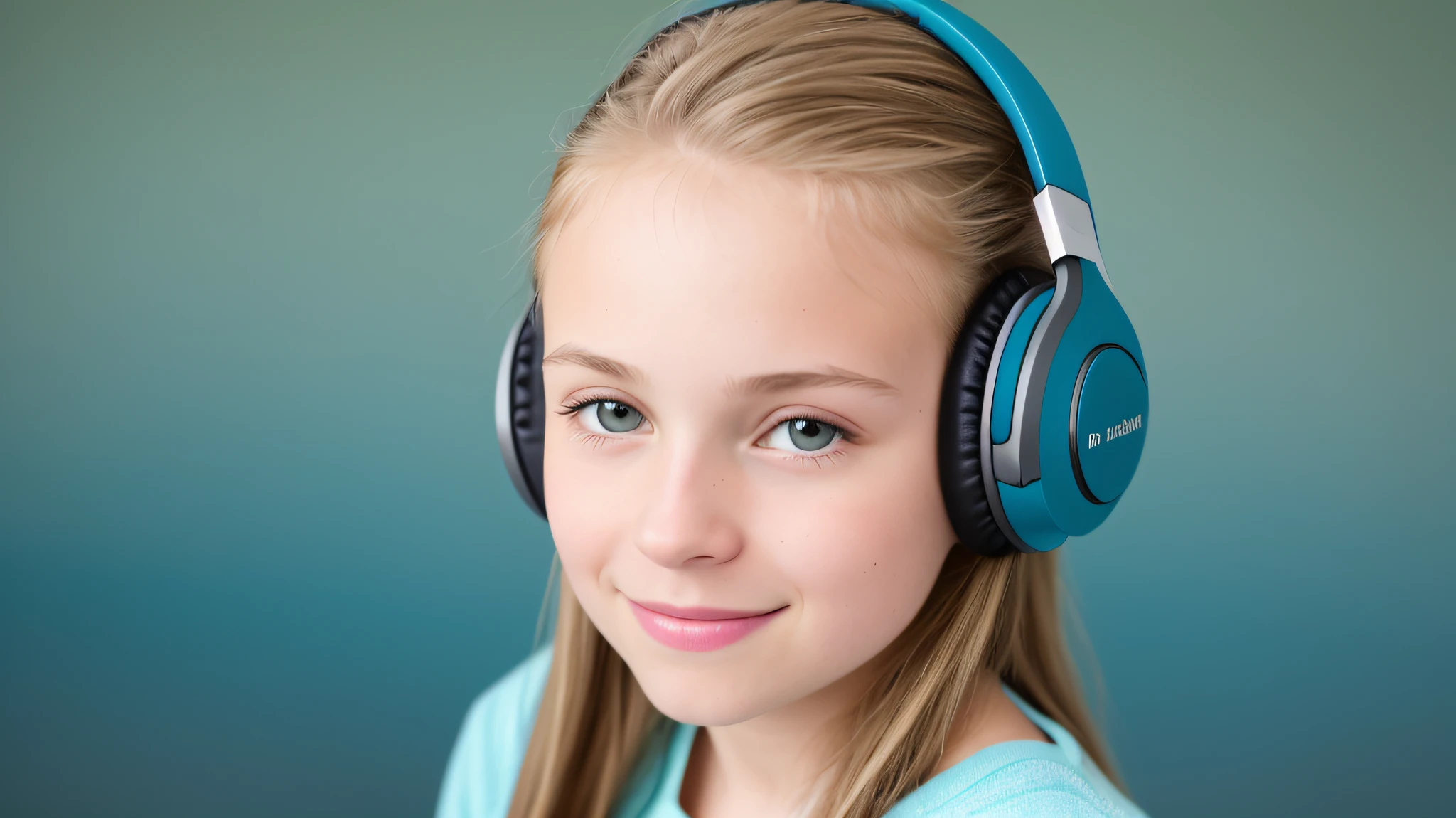 GIRL child 12 years , RUSSO LOIRO cabelos compridos e fones de ouvido , portrait , JAQUETA COURO PRATA, VINIS E CDS fundo GREEN.