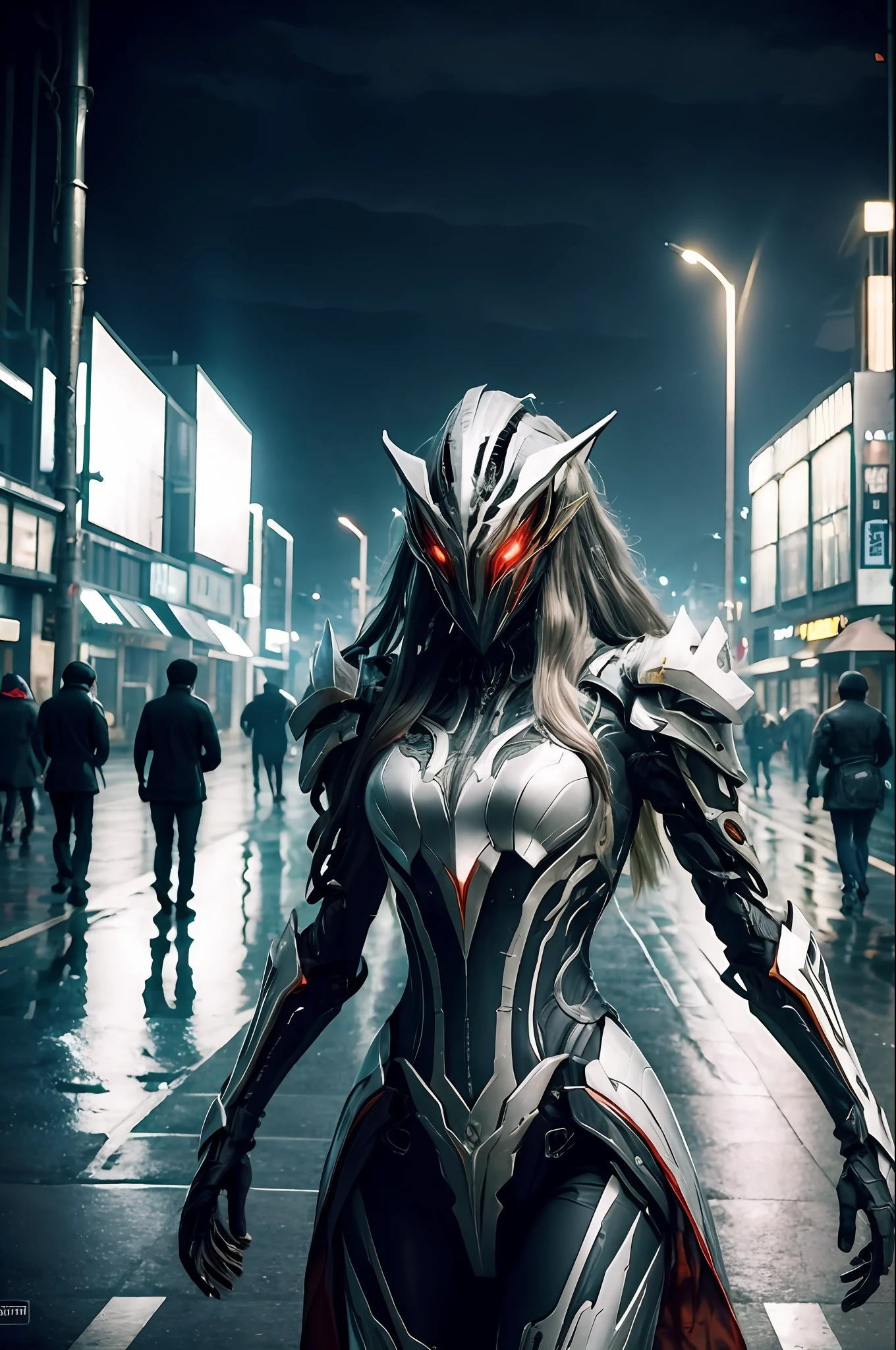 1 japanese girl, WARFRAME, intricate pattern, heavy metal, energy lines, faceless, glowing eyes, long silver hair, wind blown hair,  elegant, intense, blood red and black uniform, solo, modern, city, streets, dark clouds, thunderstorm, heavy rain,
dramatic lighting,
(masterpiece:1.2), best quality, high resolution,   beautiful detailed, extremely detailed, perfect lighting,