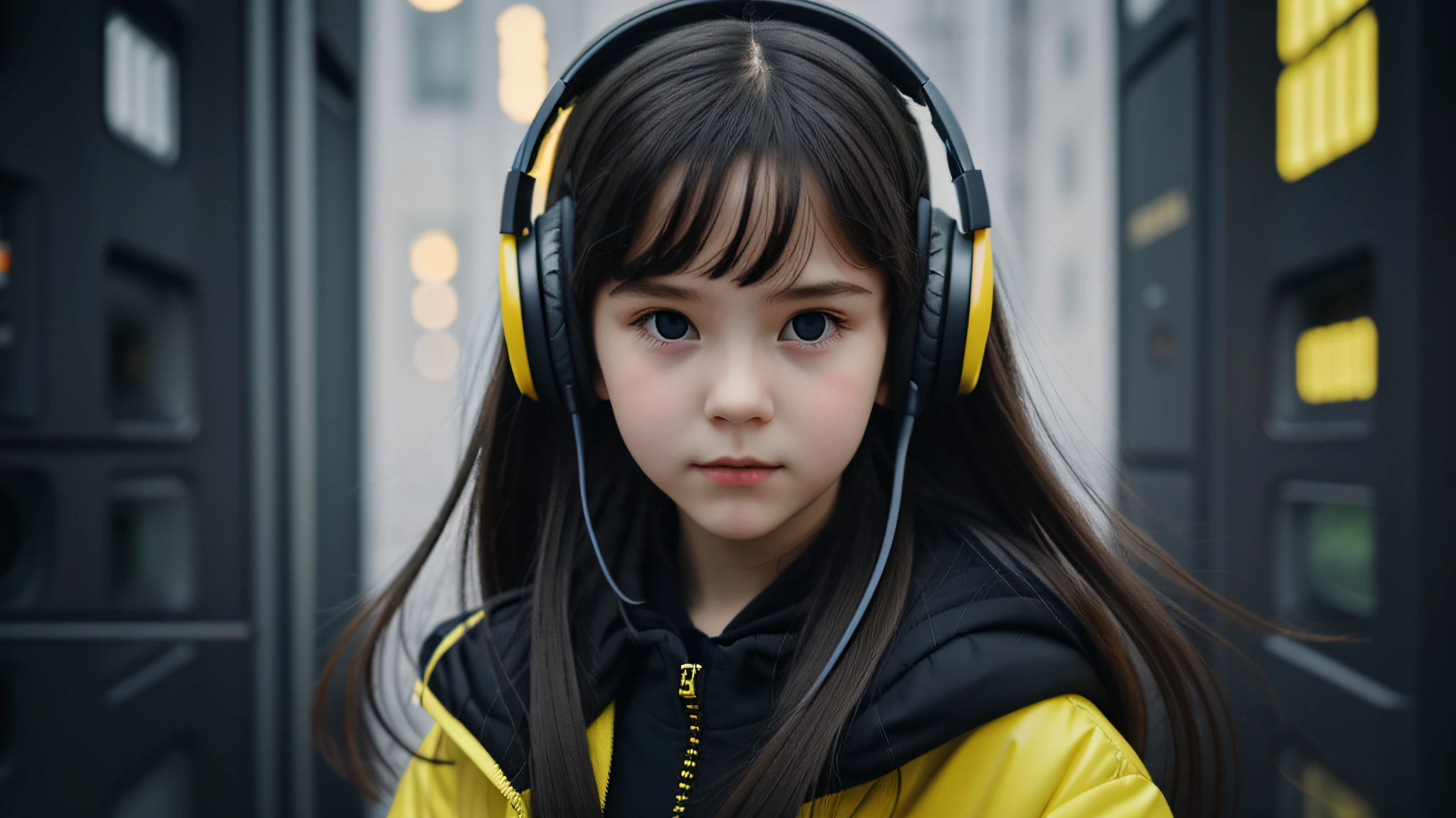 GIRL child 12 years , RUSSO LOIRO cabelos compridos e fones de ouvido , portrait , JAQUETA COURO PRATA, VINIS E CDS fundo GREEN.