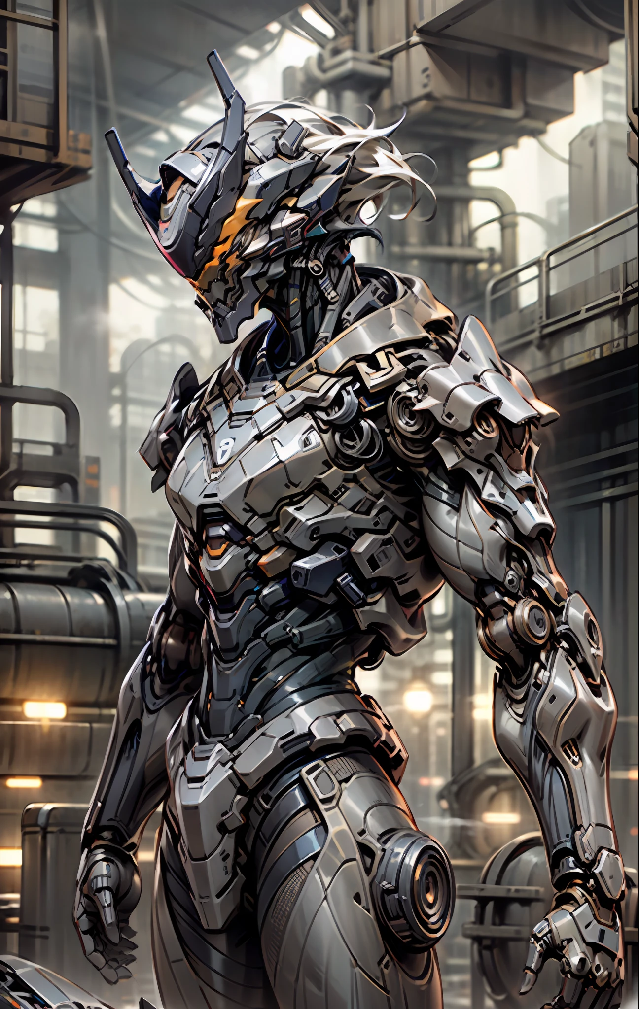 a beautiful woman cyborg warrior in the Style-RustMagic, cyberpunk augmentation, cyberware, cyborg, carbon fiber, chrome, implants, metal skull, cyber plate armor, (dark atmosphere:1.2), (fog & smoke), (dark night:1.3), scars, (dark medium length disheveled hair:1.1), (eyeshadow:1.1), (beautifully detailed glow:1.2), (Cinematic lighting), intricate detail, highres, rounded eyes, detailed facial features, sharp focus, smooth, aesthetic, detailed dark industrial factory background, stylish pose, dynamic pose, (dramapaint), (opt-6000:0.9), masked