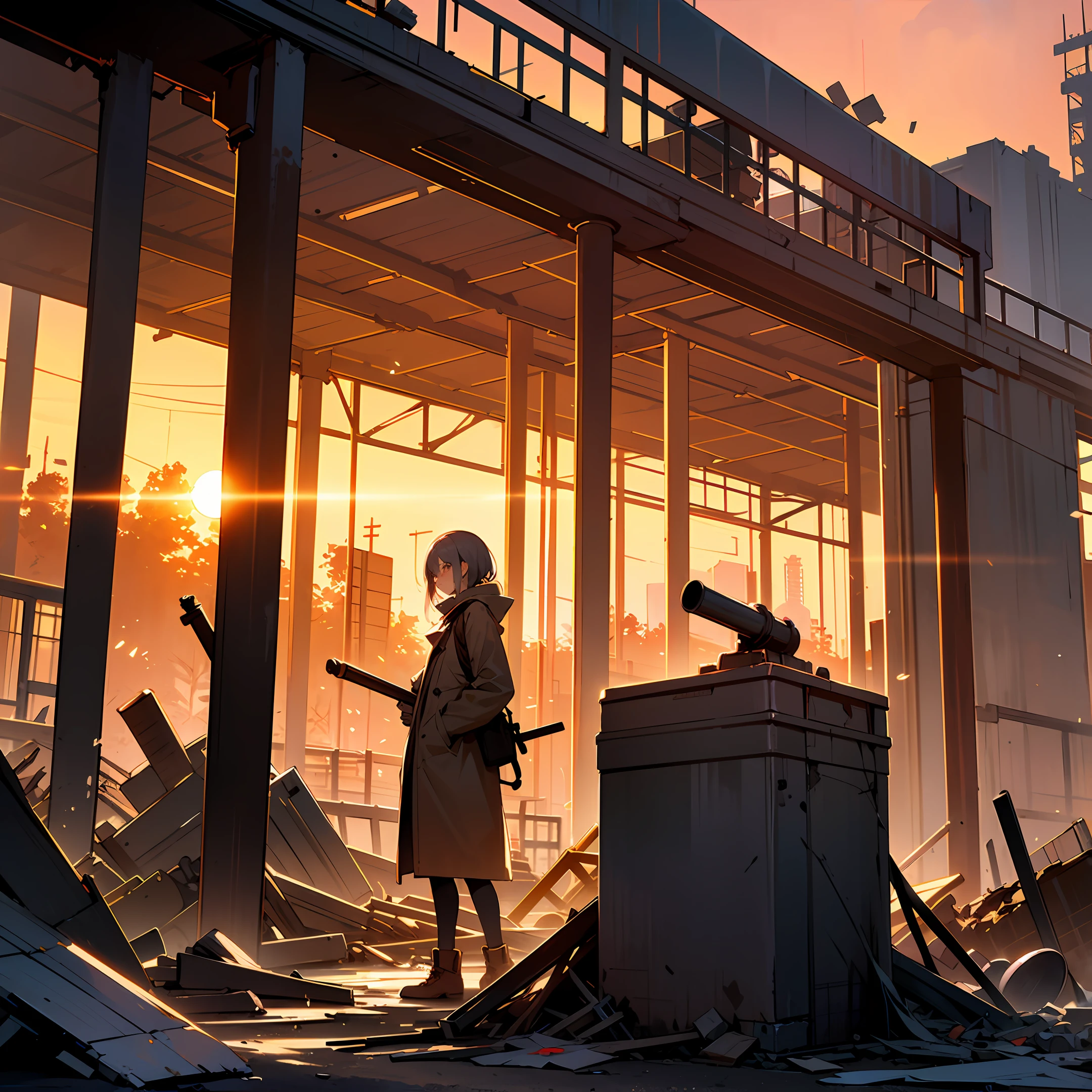 Factory ruins are not yet in the environment,The crimson sunset shone on it,Broken pipes,Dumped equipment,Rubble all over the ground,(One person was standing by wearing a raincoat)