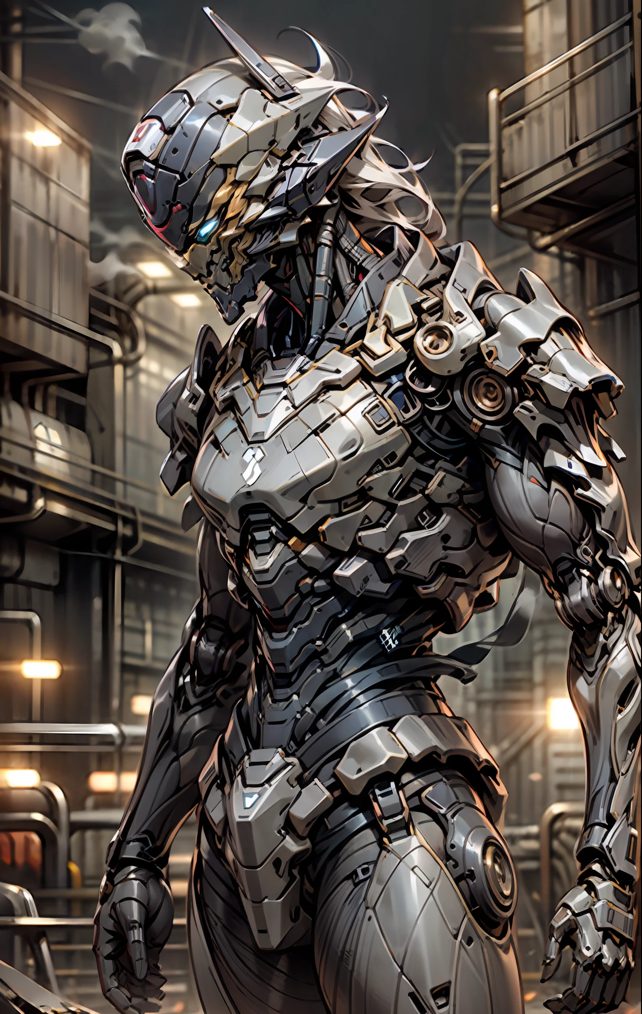 a beautiful woman cyborg warrior in the Style-RustMagic, cyberpunk augmentation, cyberware, cyborg, carbon fiber, chrome, implants, metal skull, cyber plate armor, (dark atmosphere:1.2), (fog & smoke), (dark night:1.3), scars, (dark medium length disheveled hair:1.1), (eyeshadow:1.1), (beautifully detailed glow:1.2), (Cinematic lighting), intricate detail, highres, rounded eyes, detailed facial features, sharp focus, smooth, aesthetic, detailed dark industrial factory background, stylish pose, dynamic pose, (dramapaint), (opt-6000:0.9), masked