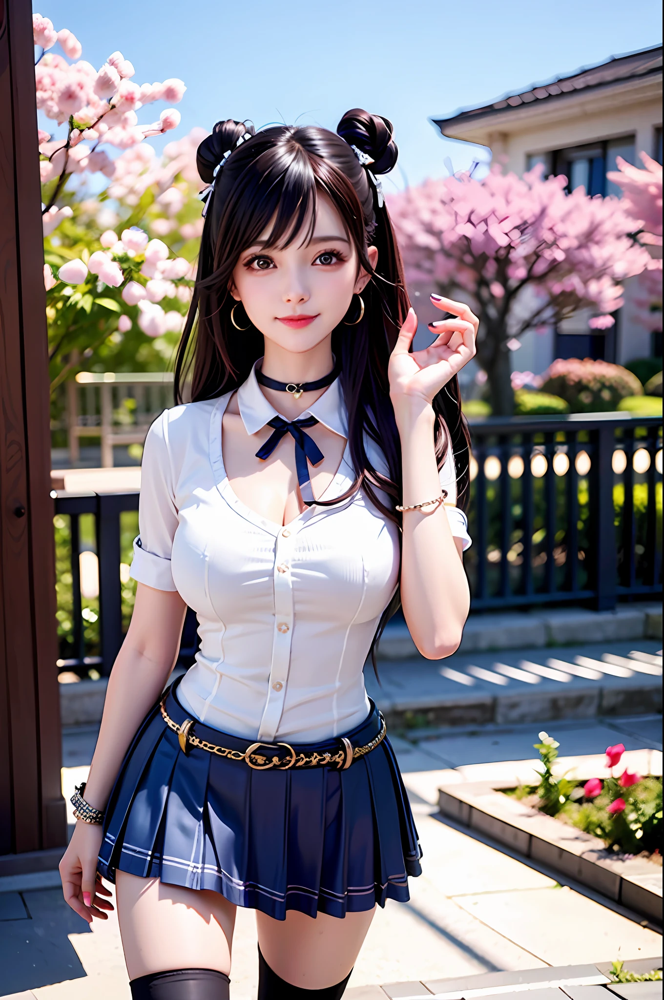 Masterpiece, Superb Style, Full Body, 1Girl, Bangs, Black Choker, Black Tie, Blonde Hair, Blue Skirt, Blush, Bracelet, Beautiful Breasts, Choker, Waist Dress, Collarbone, Collared Shirt, Denim Photos, Dress Shirt, Ear Piercings, Eyebrows Visible Through Hair, Gradient Hair, Grin, Gyaru, Jewelry, Kogal, Long Hair, Looking at the Audience, Loose Tie, Tie, Piercing, Plaid Skirt, Plaid Skirt, Pleated Skirt, Red Eyes, Ring, School Uniform, Shirt, Skirt, Smile, solo, white shirt, street, sky, cherry blossoms, petals, illustration, (magazine: 1.3), (cover style: 1.3), fashion, woman, vibrant, attire, pose, front, colorful, dynamic, background, element, confident, expressive, hold, statement, attachment, majestic, coiled, around, touch, scene, text, cover, bold, eye-catching, title, fashion, font, catchy, title, bigger, eye-catching, modern, stylish, focused, stylish, black stockings