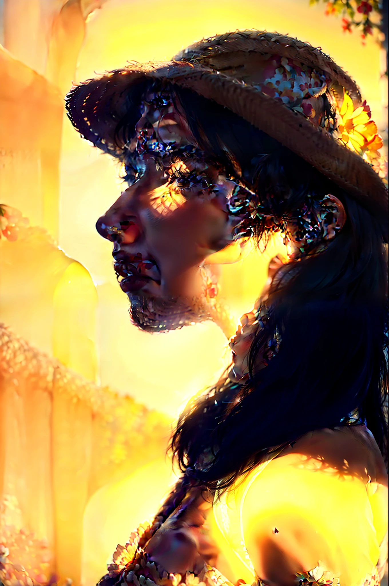 (extreme close up:1.5), (face focus:2),(Style of ???? ???:1.5),
((side face:2)),(1girl surrounded by soft_light:1.5), (backlighting:1.8), (lighting),(flowing fabric:1.3), ((Floral_summer_dress:1.5),(Straw_hat:1.3)),
(masterpiece), realistic, HDR, highly detailed, 8k, raw photo,
ambient occlusion, natural, harmonious composition, warm tones, fine art photography,