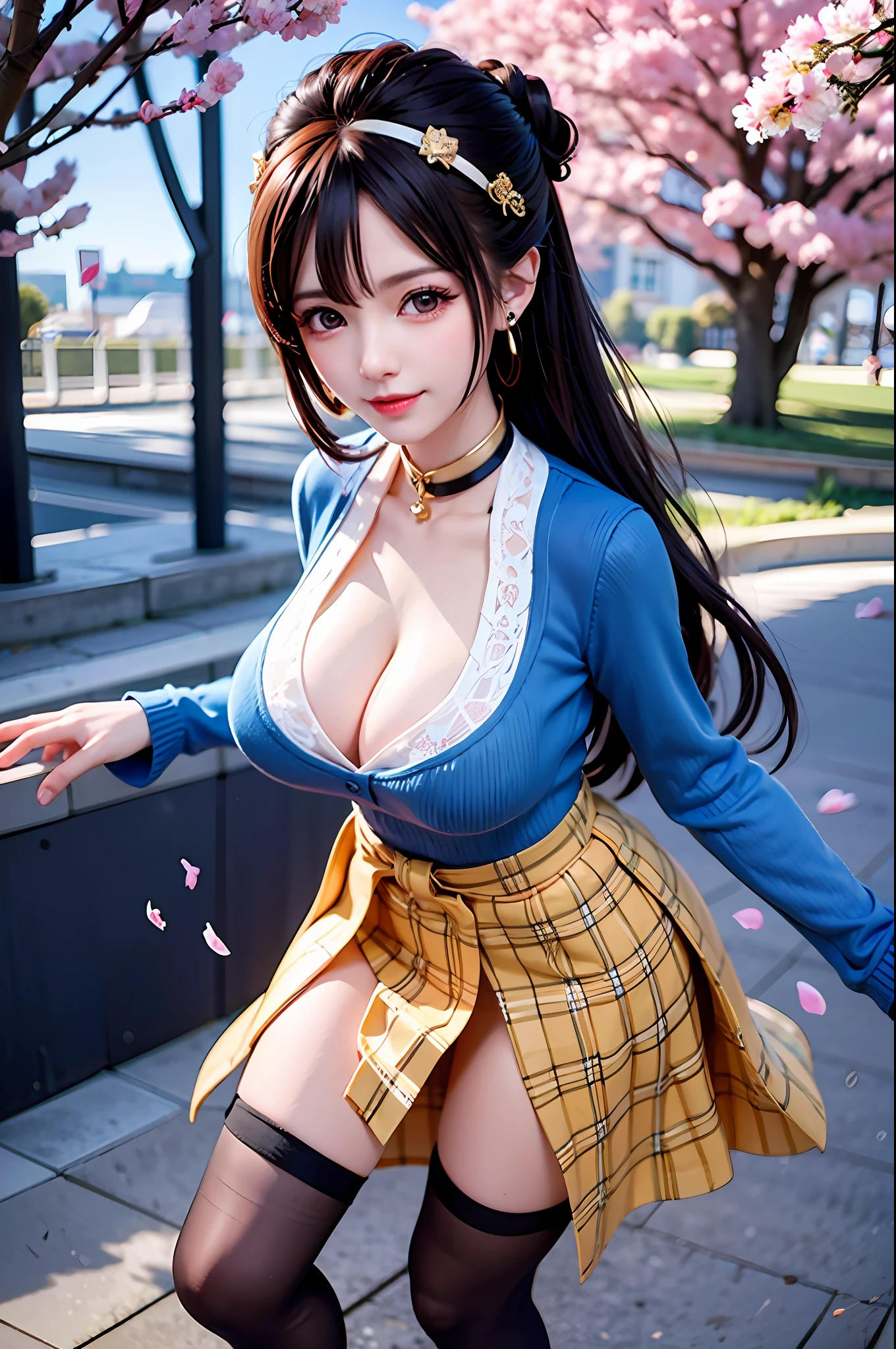 Masterpiece, Superb Style, Full Body, 1Girl, Bangs, Black Choker, Black Tie, Blonde Hair, Blue Skirt, Blush, Bracelet, Beautiful , Choker, Waist Dress, Collarbone, Collared Shirt, Denim Photos, Dress Shirt, Ear Piercings, Eyebrows Visible Through Hair, Gradient Hair, Grin, Gyaru, Jewelry, Kogal, Long Hair, Looking at the Audience, Loose Tie, Tie, Piercing, Plaid Skirt, Plaid Skirt, Pleated Skirt, Red Eyes, Ring, School Uniform, Shirt, Skirt, Smile, solo, white shirt, street, sky, cherry blossoms, petals, illustration, (magazine: 1.3), (cover style: 1.3), fashion, woman, vibrant, attire, pose, front, colorful, dynamic, background, element, confident, expressive, hold, statement, attachment, majestic, coiled, around, touch, scene, text, cover, bold, eye-catching, title, fashion, font, catchy, title, bigger, eye-catching, modern, stylish, focused, stylish, black stockings