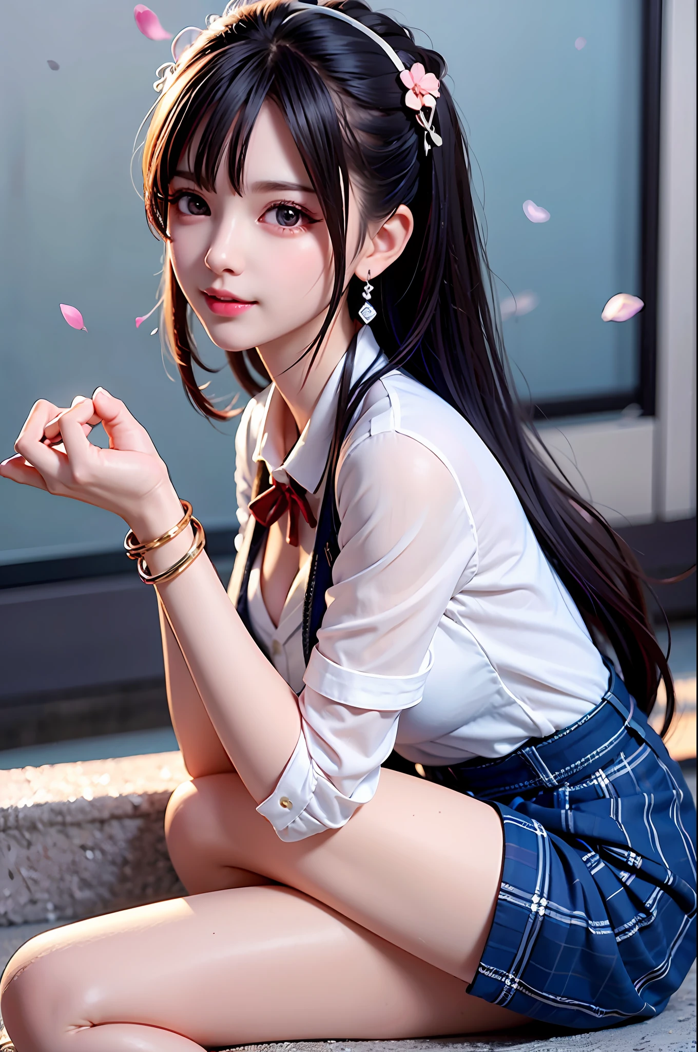 Masterpiece, Superb Style, Full Body, 1Girl, Bangs, Black Choker, Black Tie, Blonde Hair, Blue Skirt, Blush, Bracelet, Beautiful Breasts, Choker, Waist Dress, Collarbone, Collared Shirt, Denim Photos, Dress Shirt, Ear Piercings, Eyebrows Visible Through Hair, Gradient Hair, Grin, Gyaru, Jewelry, Kogal, Long Hair, Looking at the Audience, Loose Tie, Tie, Piercing, Plaid Skirt, Plaid Skirt, Pleated Skirt, Red Eyes, Ring, School Uniform, Shirt, Skirt, Smile, solo, white shirt, street, sky, cherry blossoms, petals, illustration, (magazine: 1.3), (cover style: 1.3), fashion, woman, vibrant, attire, pose, front, colorful, dynamic, background, element, confident, expressive, hold, statement, attachment, majestic, coiled, around, touch, scene, text, cover, bold, eye-catching, title, fashion, font, catchy, title, bigger, eye-catching, modern, stylish, focused, stylish, black stockings
