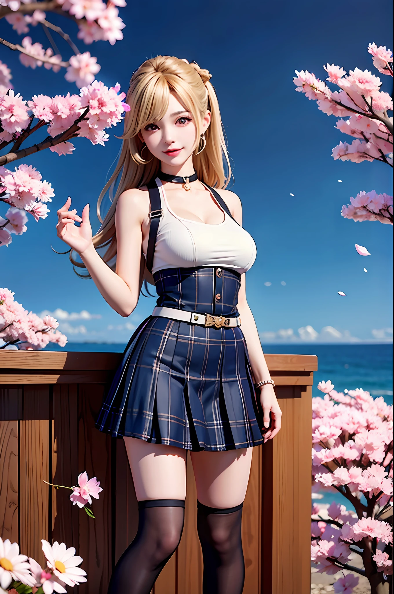 Masterpiece, Superb Style, Full Body, 1Girl, Bangs, Black Choker, Black Tie, Blonde Hair, Blue Skirt, Blush, Bracelet, Beautiful Breasts, Choker, Waist Dress, Collarbone, Collared Shirt, Denim Photos, Dress Shirt, Ear Piercings, Eyebrows Visible Through Hair, Gradient Hair, Grin, Gyaru, Jewelry, Kogal, Long Hair, Looking at the Audience, Loose Tie, Tie, Piercing, Plaid Skirt, Plaid Skirt, Pleated Skirt, Red Eyes, Ring, School Uniform, Shirt, Skirt, Smile, solo, white shirt, street, sky, cherry blossoms, petals, illustration, (magazine: 1.3), (cover style: 1.3), fashion, woman, vibrant, attire, pose, front, colorful, dynamic, background, element, confident, expressive, hold, statement, attachment, majestic, coiled, around, touch, scene, text, cover, bold, eye-catching, title, fashion, font, catchy, title, bigger, eye-catching, modern, stylish, focused, stylish, black stockings