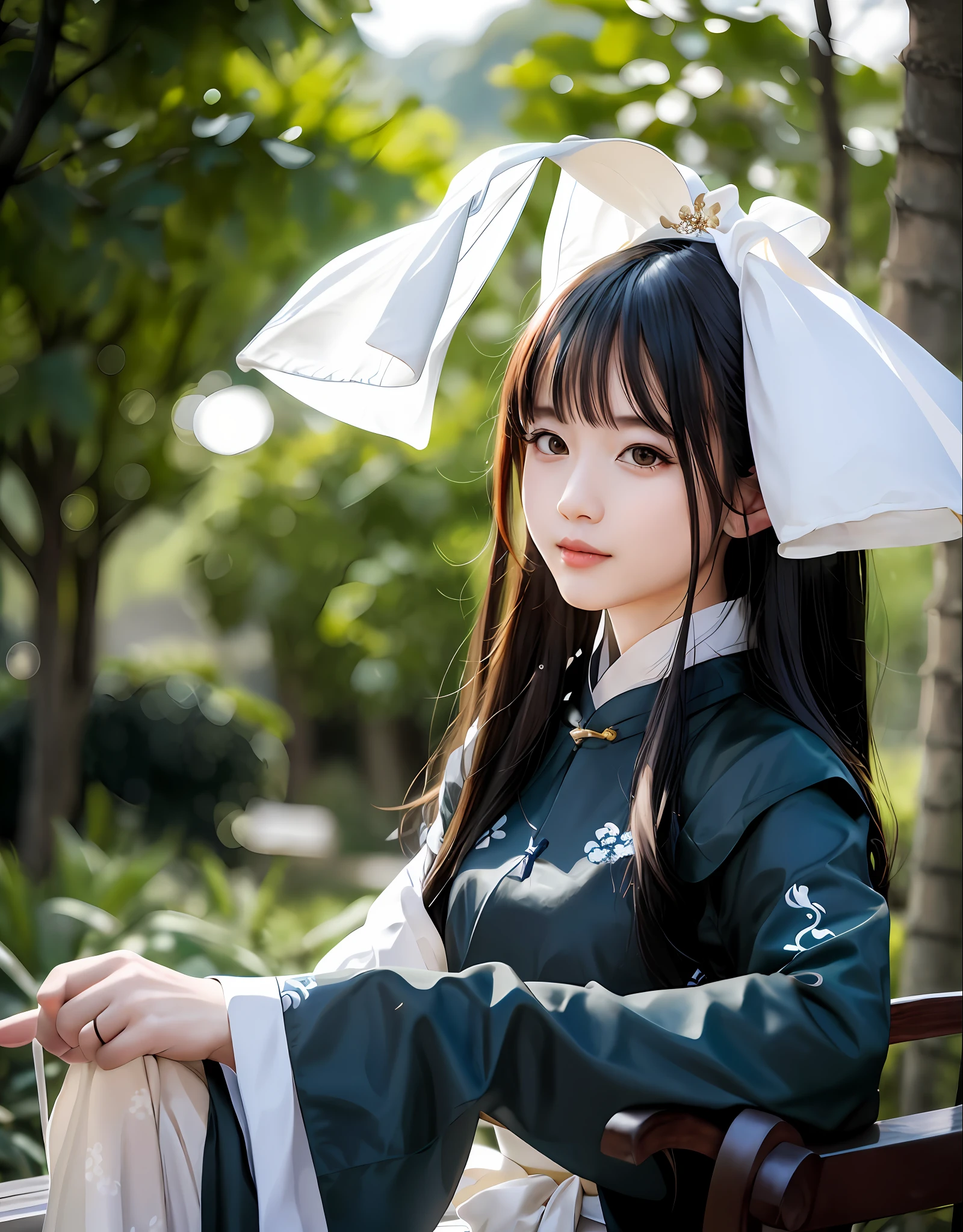 there is a woman sitting on a bench wearing a white hat, Anime girl cosplay, Anime cosplay, palace , A girl in Hanfu, Hanfu, cosplay foto, White Hanfu, Wearing ancient Chinese clothes, with acient chinese clothes, professional cosplay, Traditional Chinese clothing, Chinese costume, Anime girl in real life, portrait shooting,Fantastic background
