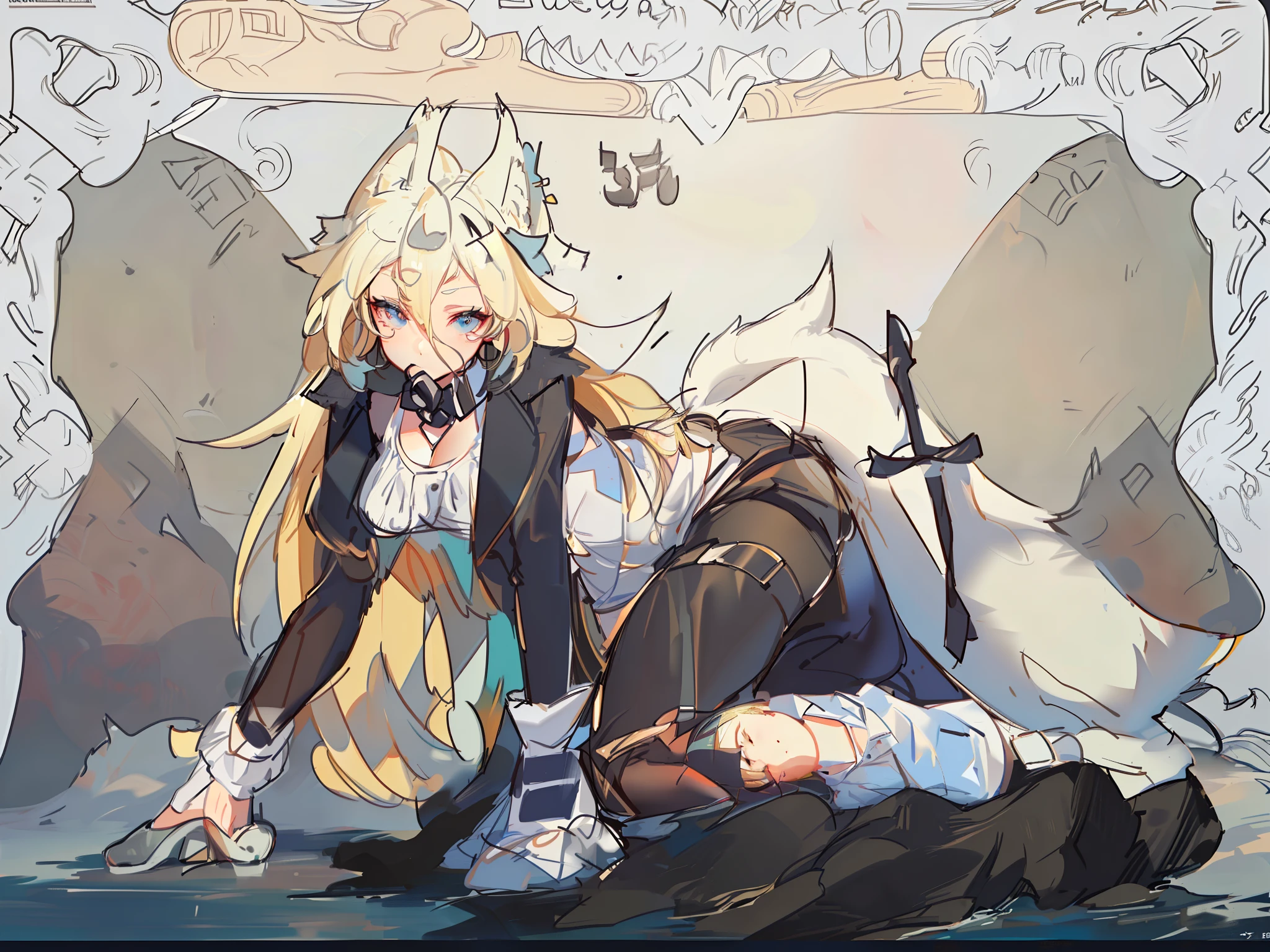 best quailty，Super-High Resolution，1girl，sleeveless white button shirt，Short black pants，Black collar，lovly，（Kpop idol），（aegyo sal：1），（Platinum blonde hair：1），（（Puffy eyes）），It looks like in front of the audience，fullllbody，facing the front there，anthro，Furry orcs，Color map