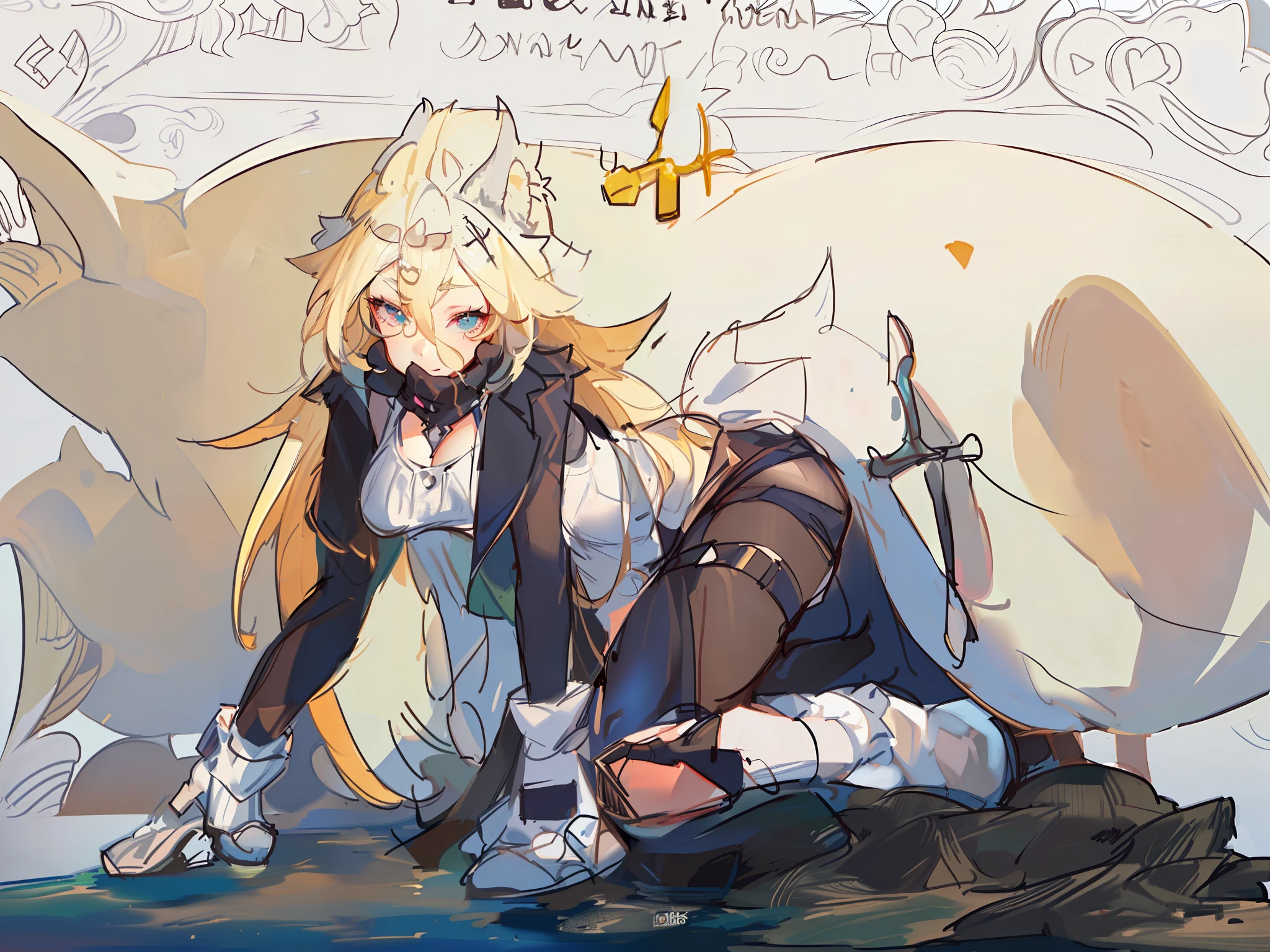 best quailty，Super-High Resolution，1girl，sleeveless white button shirt，Short black pants，Black collar，lovly，（Kpop idol），（aegyo sal：1），（Platinum blonde hair：1），（（Puffy eyes）），It looks like in front of the audience，fullllbody，facing the front there，anthro，Furry orcs，Color map