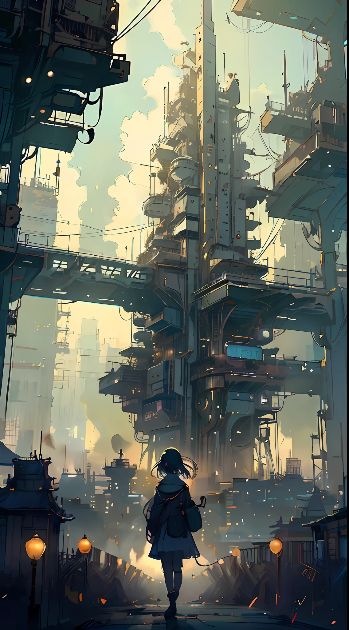 A ray of hope in a dystopia、A girl wanders into a dark Chinese skyscraper、One littlck in the back center of the screen、Very complex cityscape、A devastated world、Pulling composition、industrial、High-definition depiction、A city lined with electric wires、Magic Hour、Make a story with 4 sheets