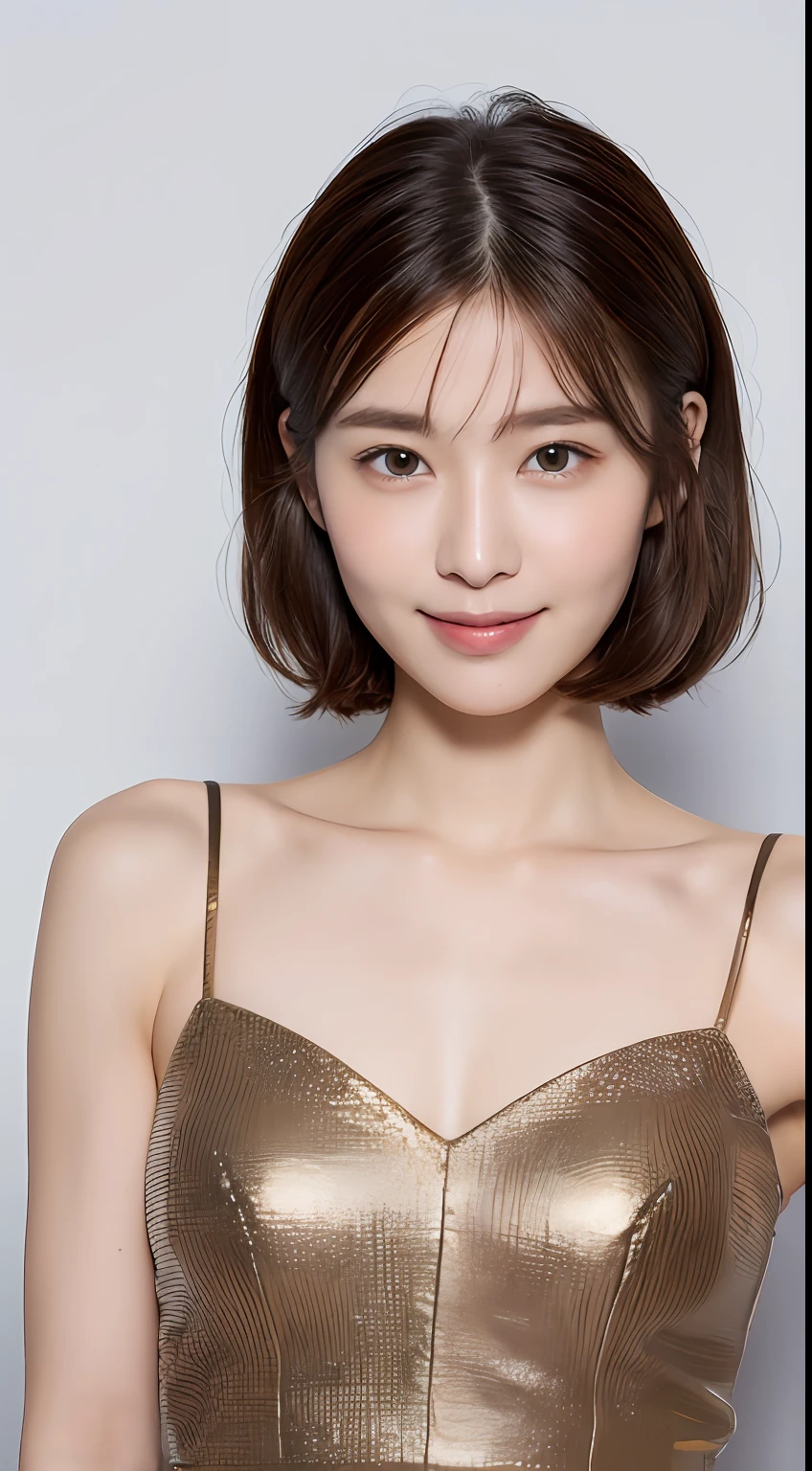 ((Best Quality, 8K, Masterpiece: 1.3)), 1 Girl, Slim Abs Beauty: 1.3, (Hairstyle Brown Hair Shortcut, Big: 1.2), Dress: 1.1, Super Slender Face, Delicate Eyes, Double Eyelids, Smile, Home, Raw Photo