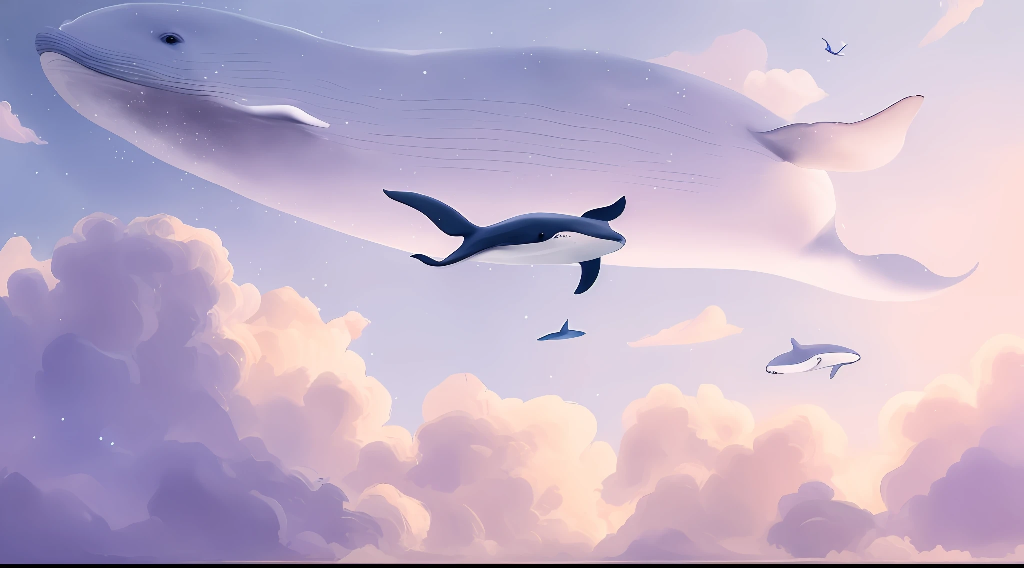 there is a whale that is flying in the sky with clouds, sky whales, space magical whale, galaxy whale, flying whale, space whale, flying whale, dreamlike illustration, glimmering whale, whale, blurry and dreamy illustration, blurry and dreamy illustration, serene illustration, DreamlikeArt, blue whale, A beautiful artwork illustration, whale fall, background artwork, whales