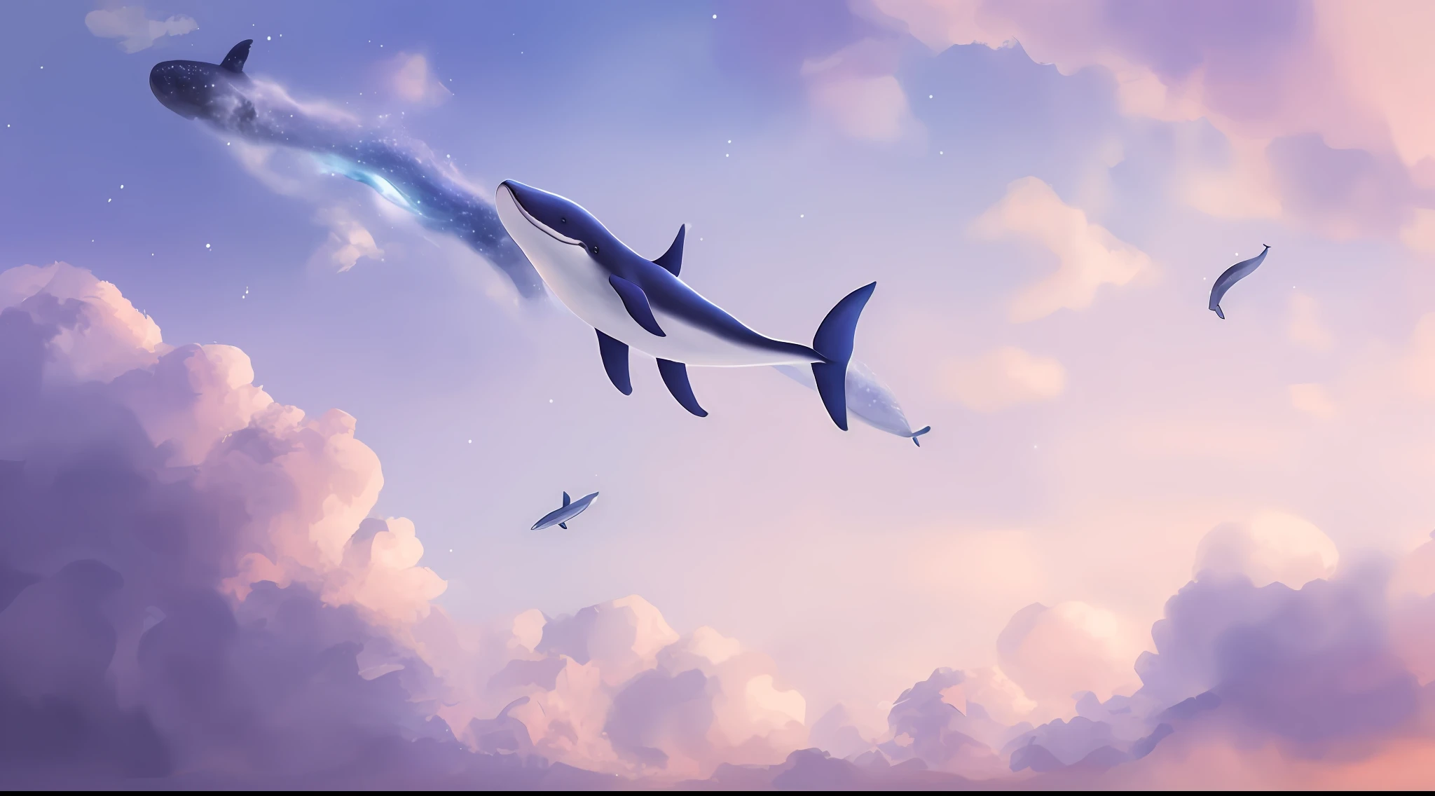there is a whale that is flying in the sky with clouds, sky whales, space magical whale, galaxy whale, flying whale, space whale, flying whale, dreamlike illustration, glimmering whale, whale, blurry and dreamy illustration, blurry and dreamy illustration, serene illustration, DreamlikeArt, blue whale, A beautiful artwork illustration, whale fall, background artwork, whales