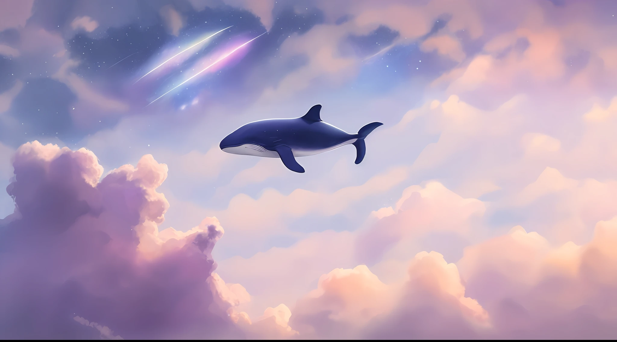 there is a whale that is flying in the sky with clouds, sky whales, space magical whale, galaxy whale, flying whale, space whale, flying whale, dreamlike illustration, glimmering whale, whale, blurry and dreamy illustration, blurry and dreamy illustration, serene illustration, DreamlikeArt, blue whale, A beautiful artwork illustration, whale fall, background artwork, whales