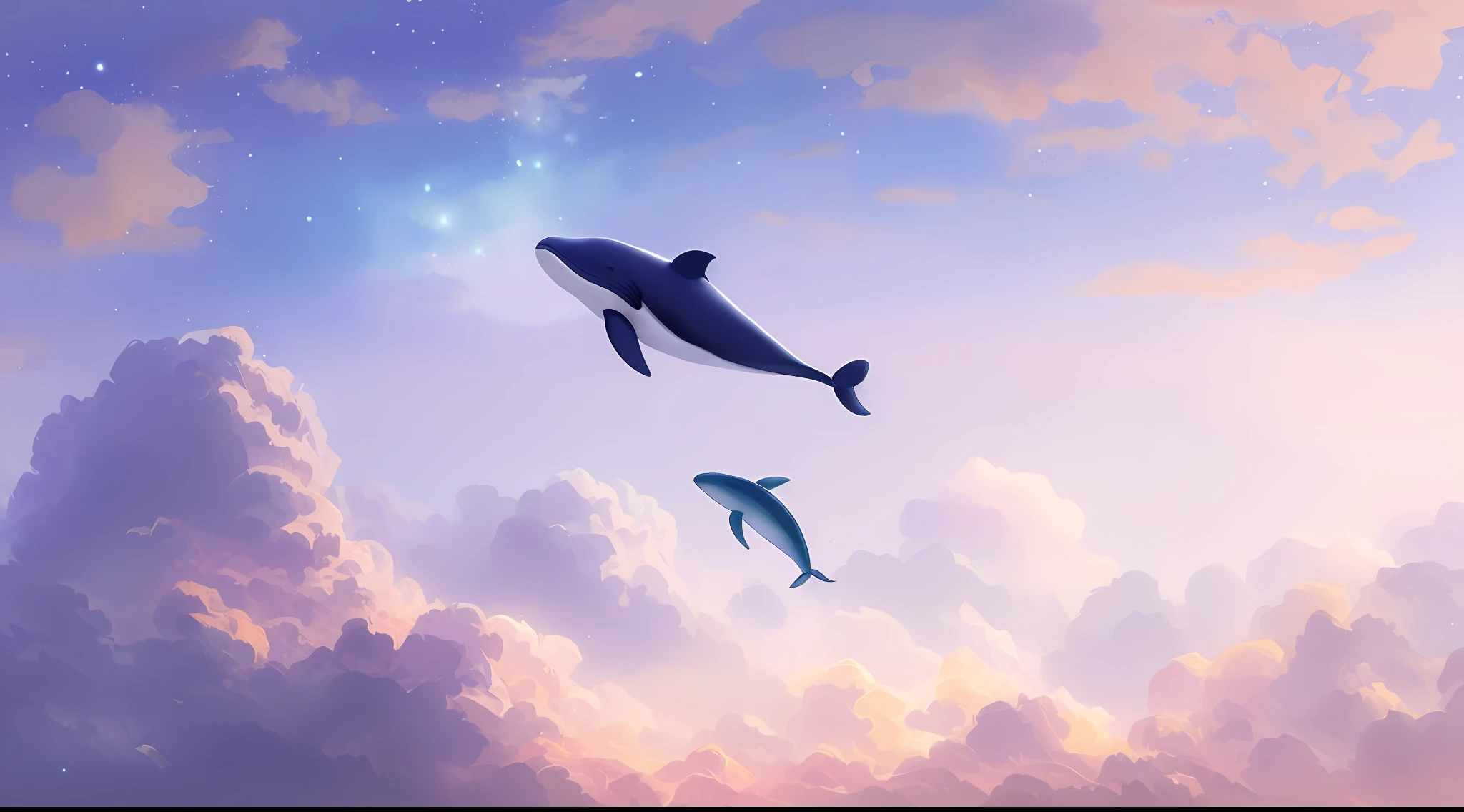 there is a whale that is flying in the sky with clouds, sky whales, space magical whale, galaxy whale, flying whale, space whale, flying whale, dreamlike illustration, glimmering whale, whale, blurry and dreamy illustration, blurry and dreamy illustration, serene illustration, DreamlikeArt, blue whale, A beautiful artwork illustration, whale fall, background artwork, whales