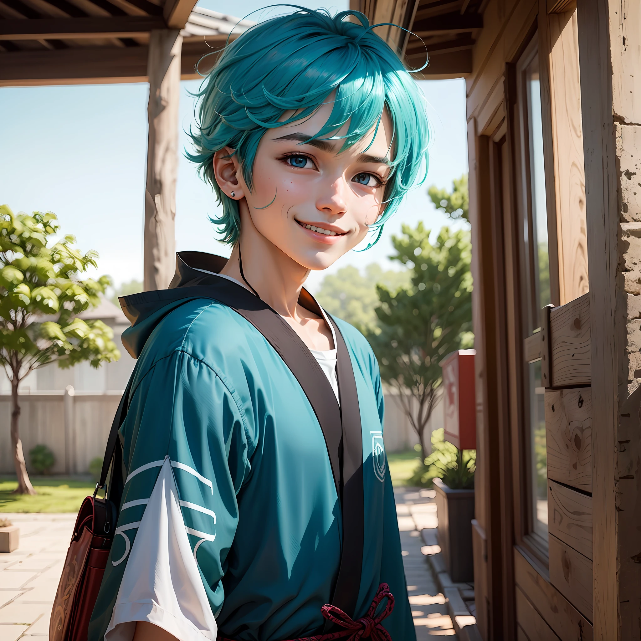 Tiffany blue hair,Blue-eyed boy,head portrait,Japanese anime style,ssmile,high qulity --auto
