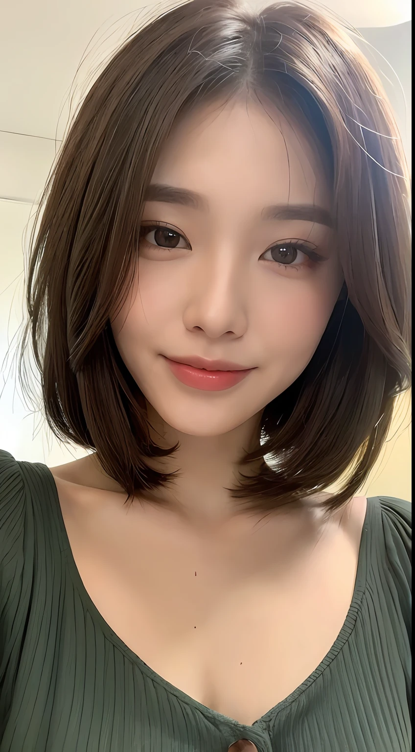 ((Best Quality, 8K, Masterpiece: 1.3)), 1 Girl, Slim Abs Beauty: 1.3, (Hairstyle Brown Hair Shortcut, Big: 1.2), Dress: 1.1, Super Slender Face, Delicate Eyes, Double Eyelids, Smile, Home, Raw Photo