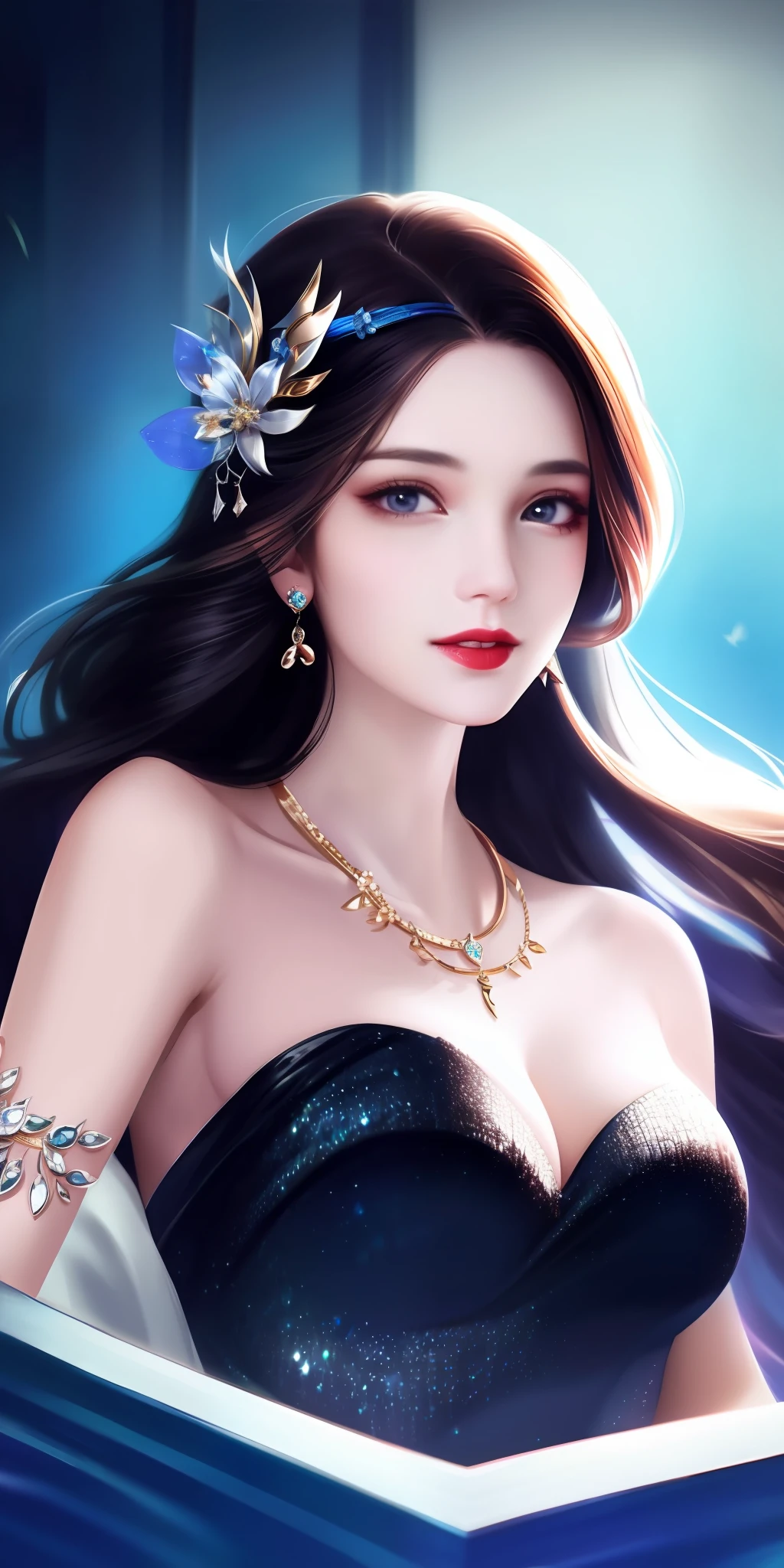 Best quality, masterpiece, high resolution, 1girl, clear silk porcelain dress, beautiful face, hair accessories, looking at the audience, smiling, close your mouth, lips, dress, hair accessories, necklaces, jewelry, long hair, earrings, beautiful face, on the body, Tindal effect, realism, dark studio, edge lighting, two-tone lighting, (high detail skin: 1.2), 8k UHD, DSLR, soft light, high quality, volumetric lighting, photo, high resolution 4K, 8k, blurred background