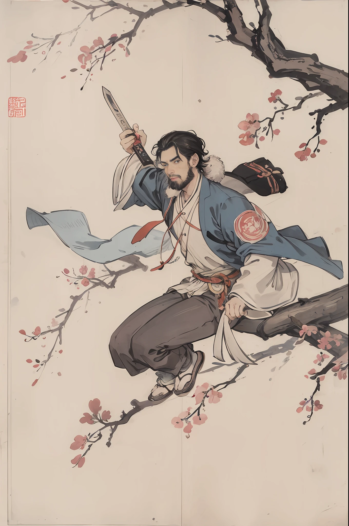 (a masterpiece of,Best Quority:1.2),Tradition Chinese Ink Painting,a man(Bluecoat,Middle age,handsome,cabelos preto e longos)Holding a long sword,Sword dance,,Wear Hanfu,Riverside,Peach blossom tree,Peach Blossom Island
