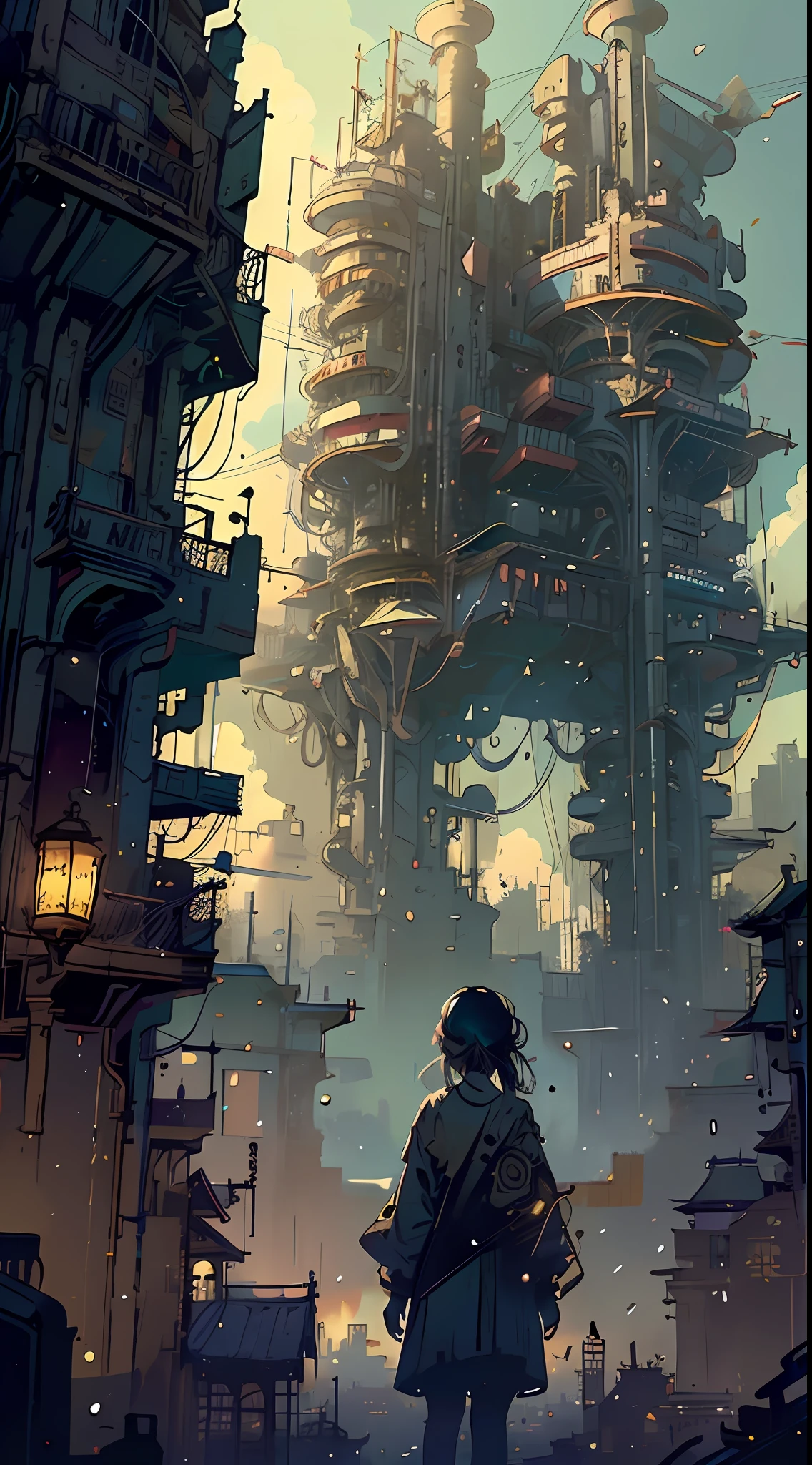 A ray of hope in a dystopia、A  girl wanders into a dark Chinese skyscraper、One littlck in the back center of the screen、Very complex cityscape、A devastated world、Pulling composition、industrial、High-definition depiction、A city lined with electric wires、Magic Hour、Make a story with 4 sheets