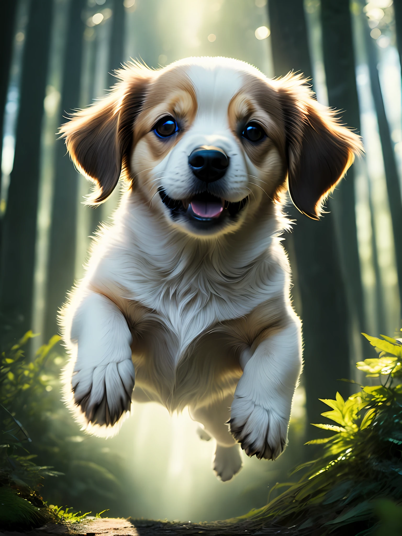 Close-up of a very cute jumping puppy in the forest, soft volumetric light, (backlight: 1.3), (movie: 1.2), intricate details, (ArtStation: 1.3), Rutkowski