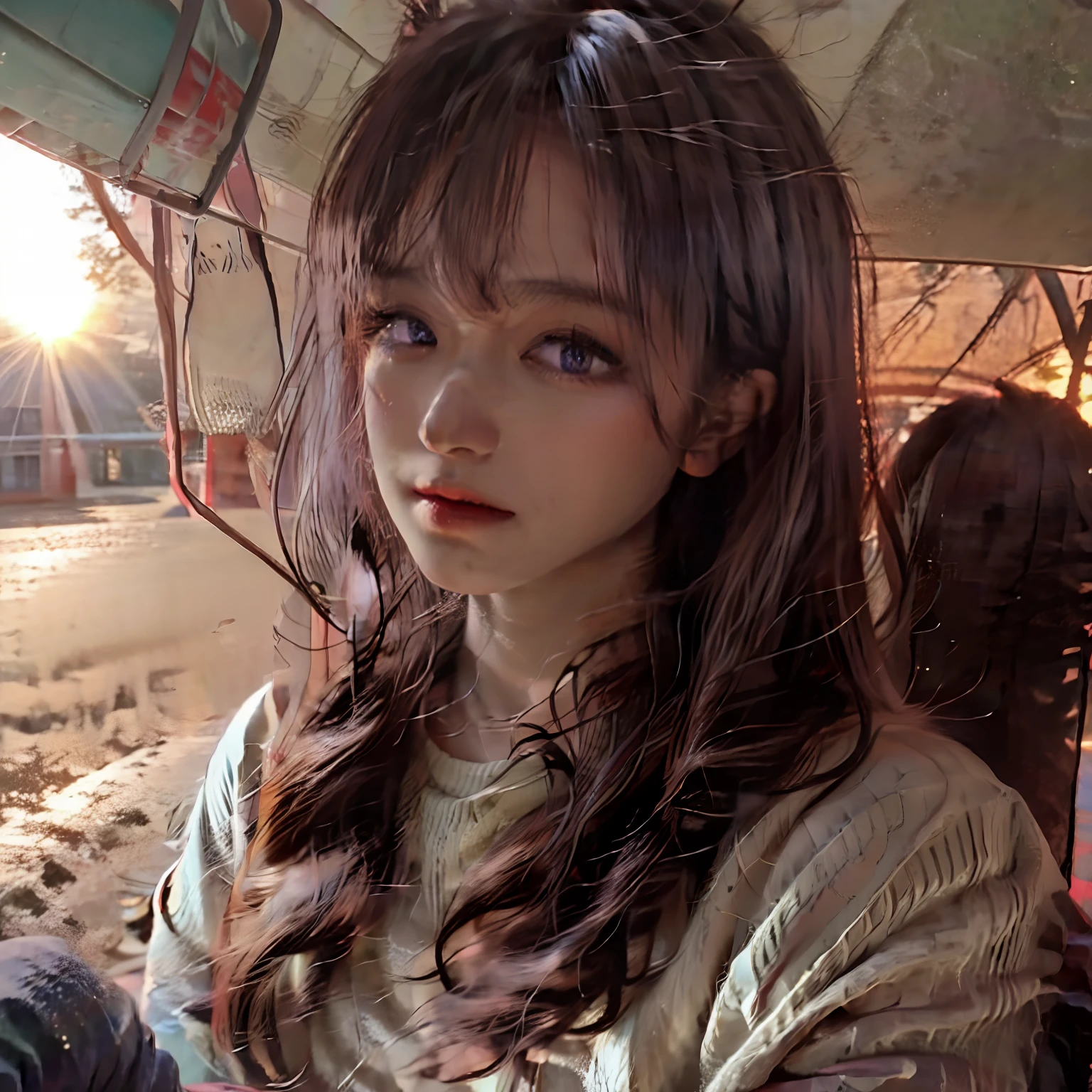 A 20-years old Japanese with puffy eyes and pale skin stands in front of a blueprints by Leonardo da Vinci. Her silver, medium-length hair frames her shy face as she glances at the viewer. Her purple eyes stand out against her simple light white summer knit. The full-body portrait is photorealistic and sharply focused, showcasing a vintage aesthetic akin to an Instagram filter. The professional lighting highlights her glossy skin and the high-quality rendering, sunlight beams