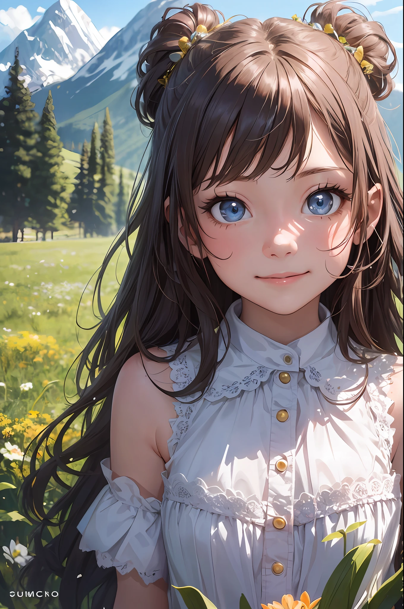 ((6year old girl:1.5)), Girl in 1, Lori, Petite girl, Complete anatomy, Whole body, children body, Child, Super cute, garl, Little girl, Beautiful Girl, beautiful shining body, Bangs,Brown hair,high eyes,(aquamarine eyess), drooping eyes, Petite,tall eyes, beautiful girl with fine details, beautiful and delicate eyes, Detailed face, Beautiful eyes, beautiful shining body, smile on face, Happiness, 

Whole body angle, alps, Shepherd's daughter, Mountain Girl, En plein air, alpine meadow,

Natural light,((Realism: 1.2)), dynamic far view shot,Cinematic Lighting, Perfect composition, by sumic.mic, Ultra detailded, Official art, Masterpiece, (Best Quality:1.3), glint, Extremely detail CG unity 8k wallpaper, Detailed background, Masterpiece, Best Quality, (Masterpiece), (Best Quality:1.4), (ultra-highres:1.2), (Hyperrealistic:1.4), (Photorealistic:1.2), Best Quality, High quality, alta resolução, Detail enhancement,
