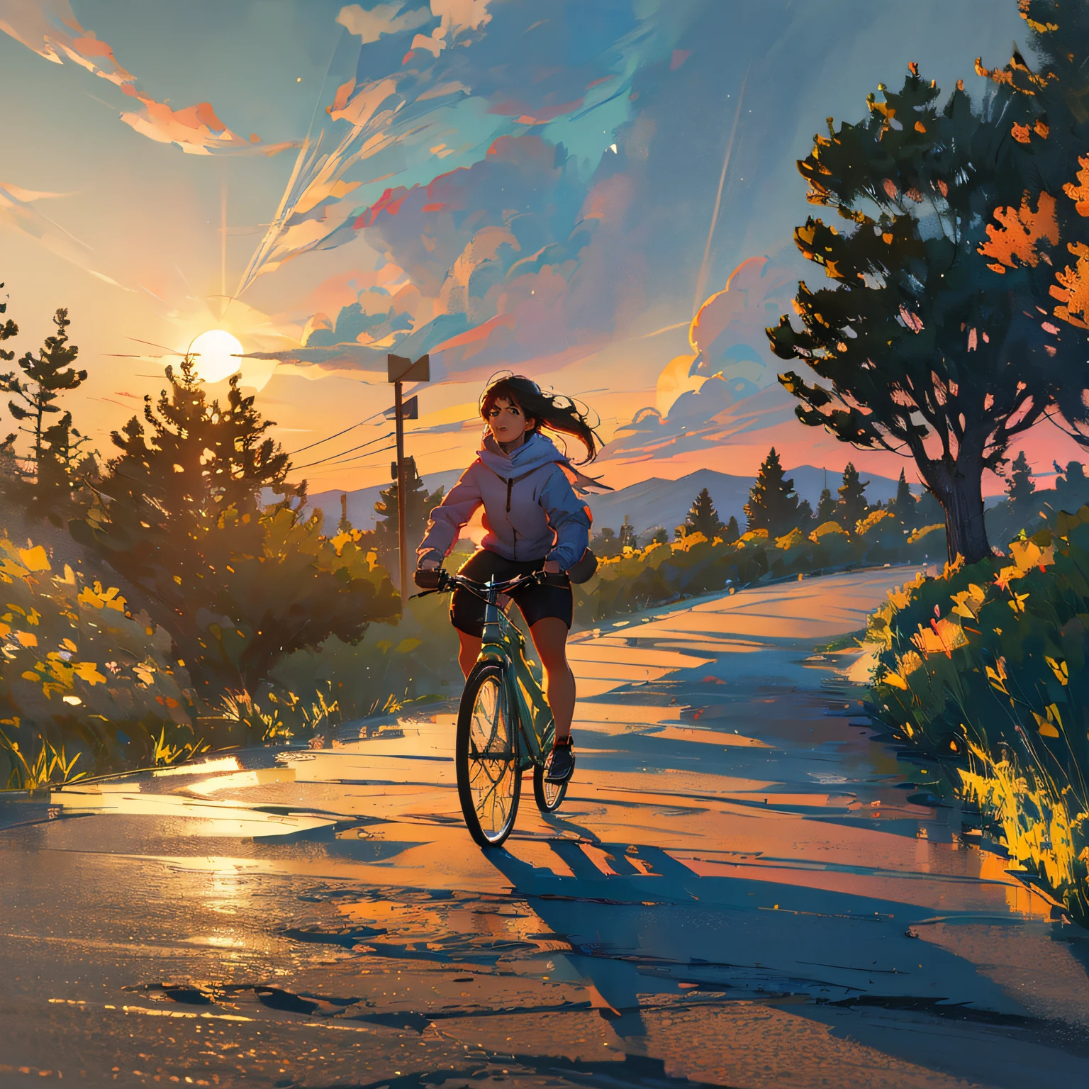 "Anime style campus sunset town,The teenage girl rides her bicycle towards three large trees,The time is quiet and warm。" --auto