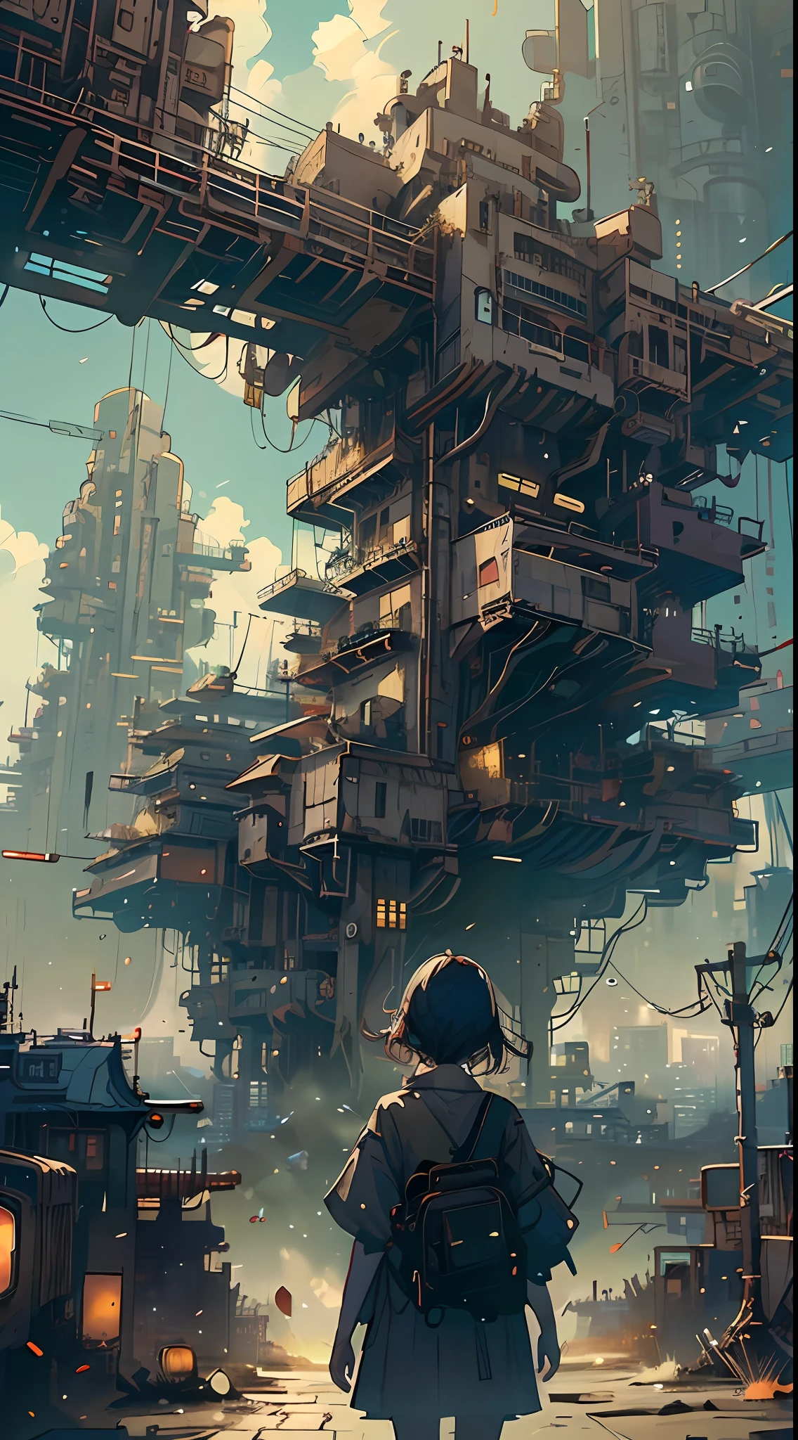 A ray of hope in a dystopia、A  girl wanders into a dark Chinese skyscraper、One littl's back in the back center of the screen、Very complex cityscape、A devastated world、Pulling composition、industrial、High-definition depiction、A city lined with electric wires、Magic Hour、Make a story with 4 sheets