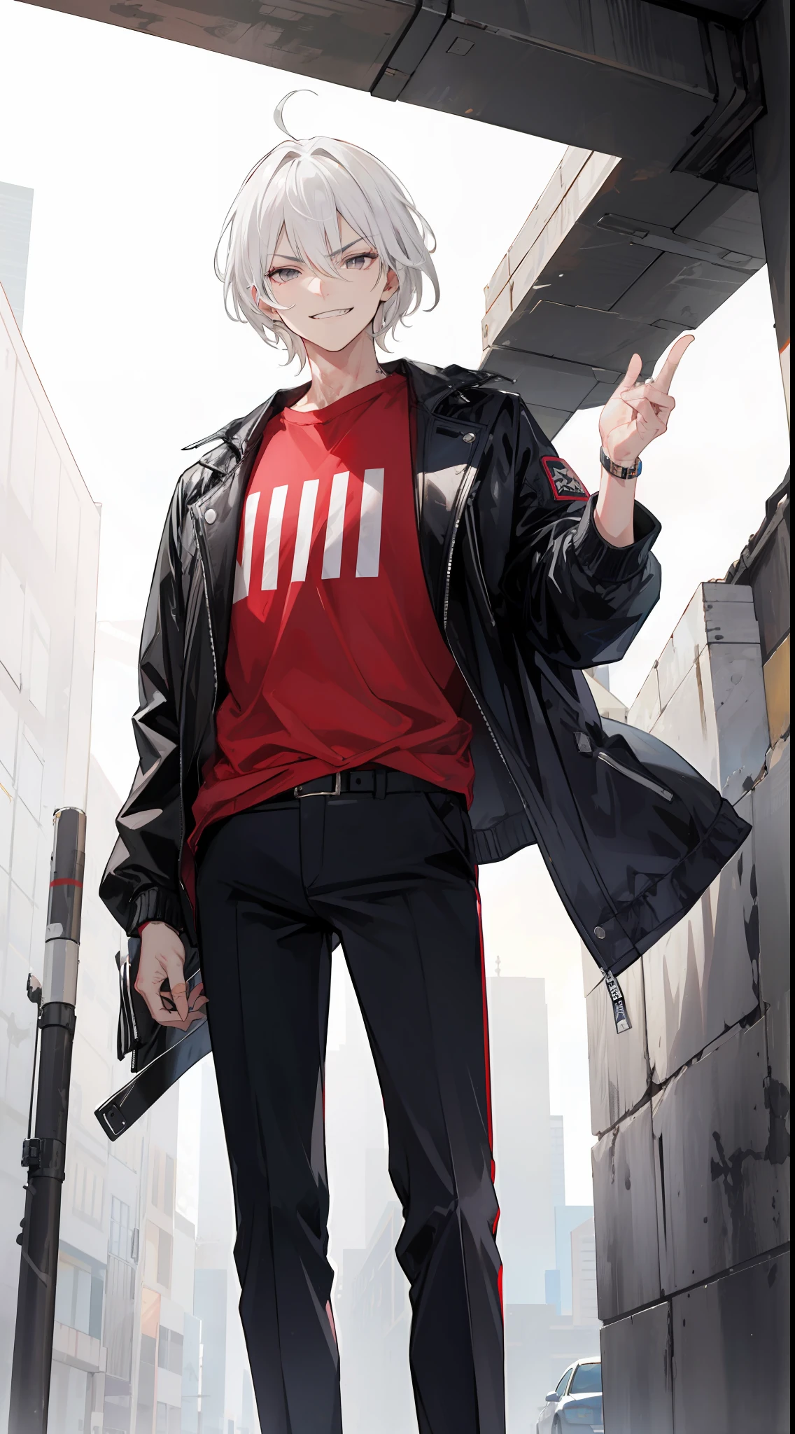 A old man, white hair and gray eyes, sharp short hair, wearing a jacket, was standing at a crossroads, badass, mascular, evil smile