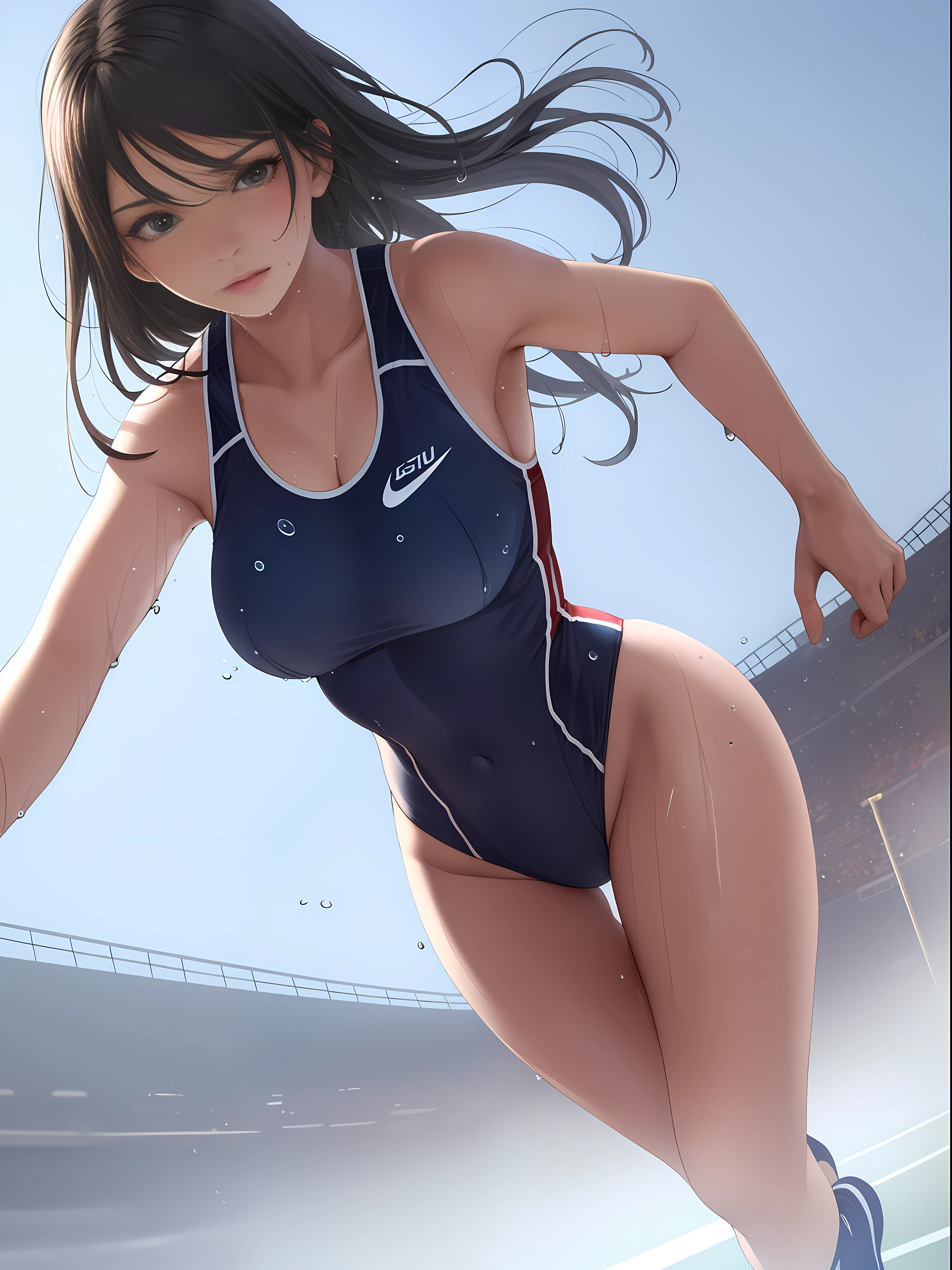masterpiece,super detailed realistic illustration,1beautiful girl,track and field uniform,small delicate head,big eyes,large ,slim body,nice legs,wet skins sweat,track and field,dramatic light,