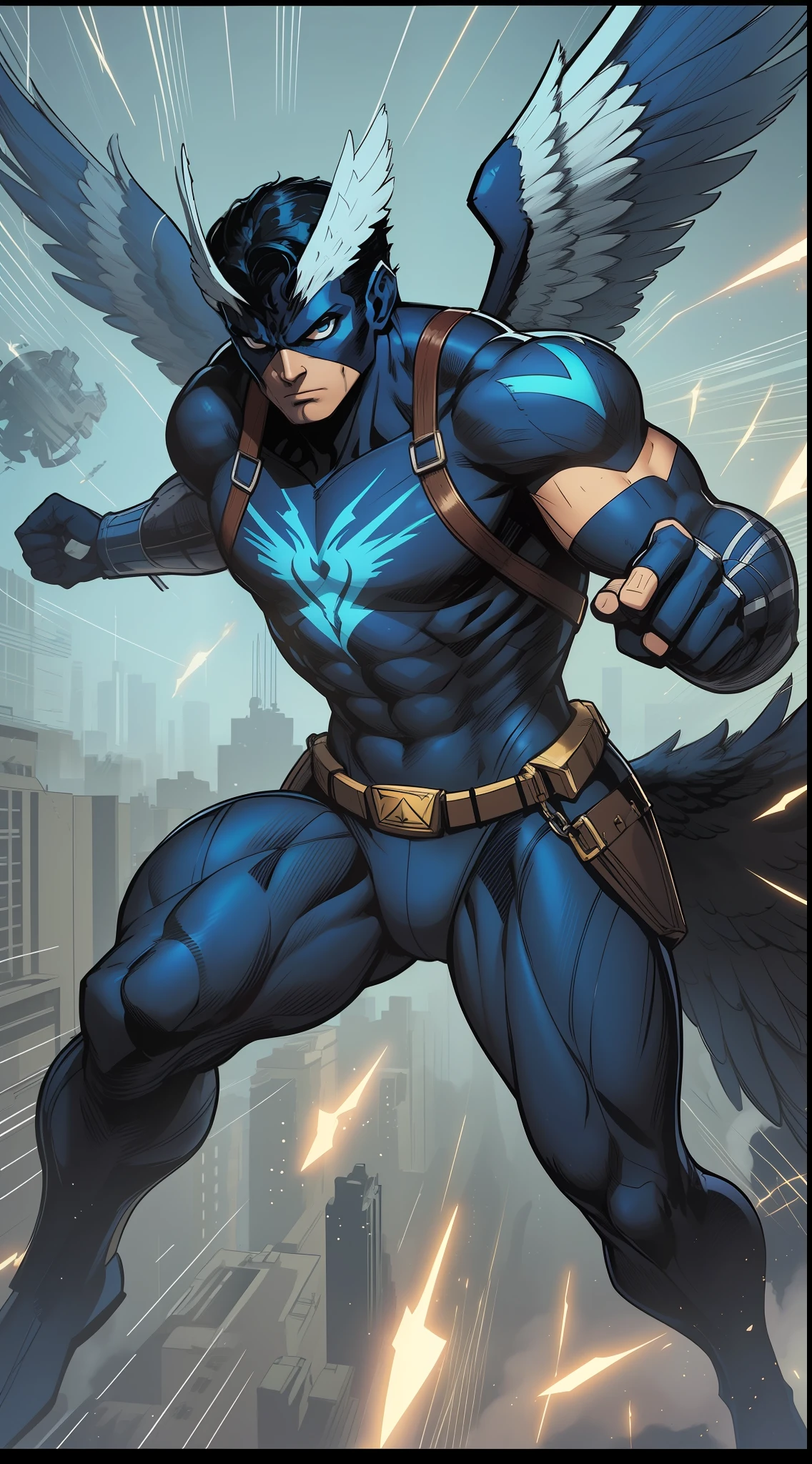 The Steel Falcon is a powerful hero with super strength and the ability to fly. Ele usa um traje azul e prateado, with a symbol that combines a falcon wing and a gear on the chest. Its appearance is imposing, with a navy blue cover and metallic retractable wings when in