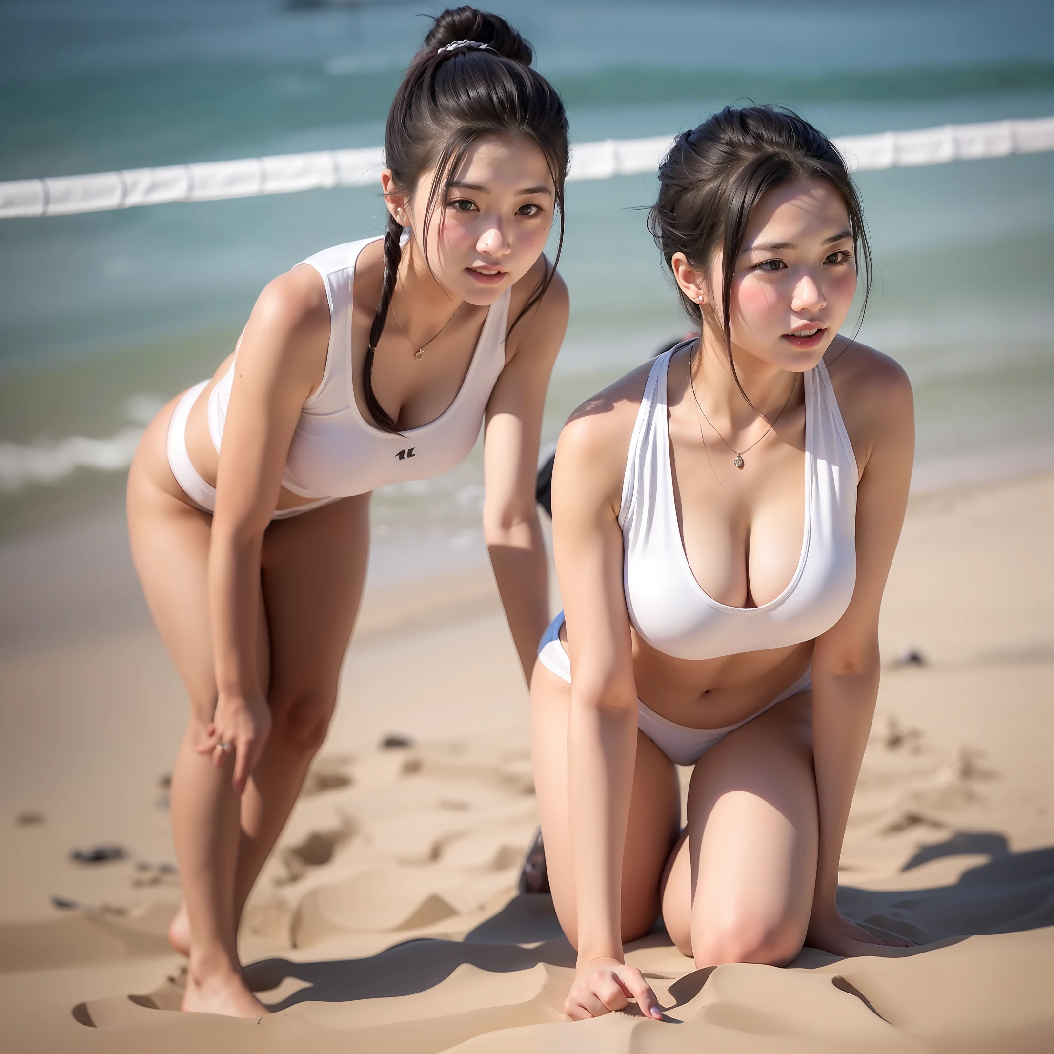 a beauty girl,sandbeach,volleyball,比基尼,multiple persons,white stockings