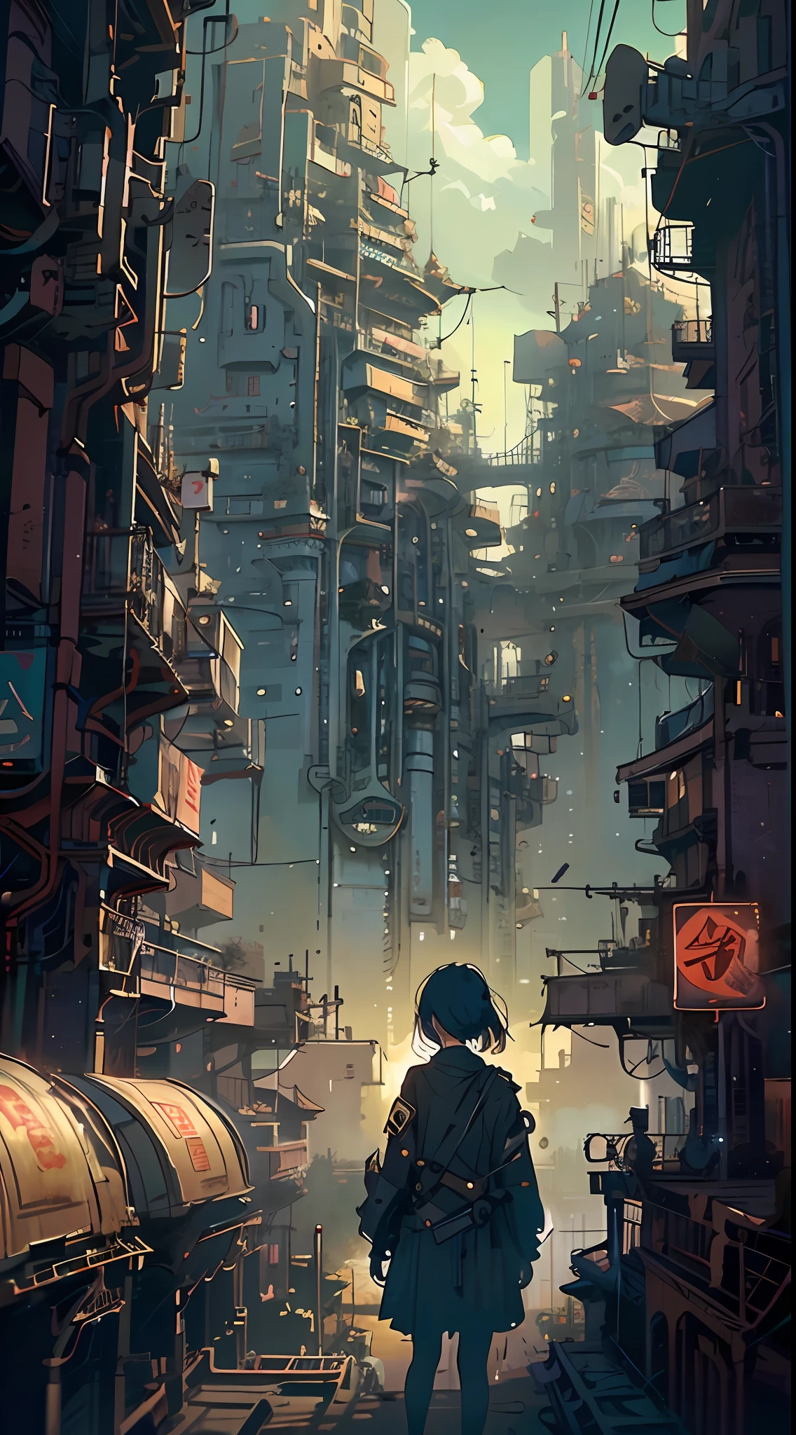 A ray of hope in a dystopia、A young girl wanders into a dark Chinese skyscraper、One 's back in the back center of the screen、Very complex cityscape、A devastated world、Pulling composition、industrial、High-definition depiction、A city lined with electric wires、Magic Hour、Make a story with 4 sheets