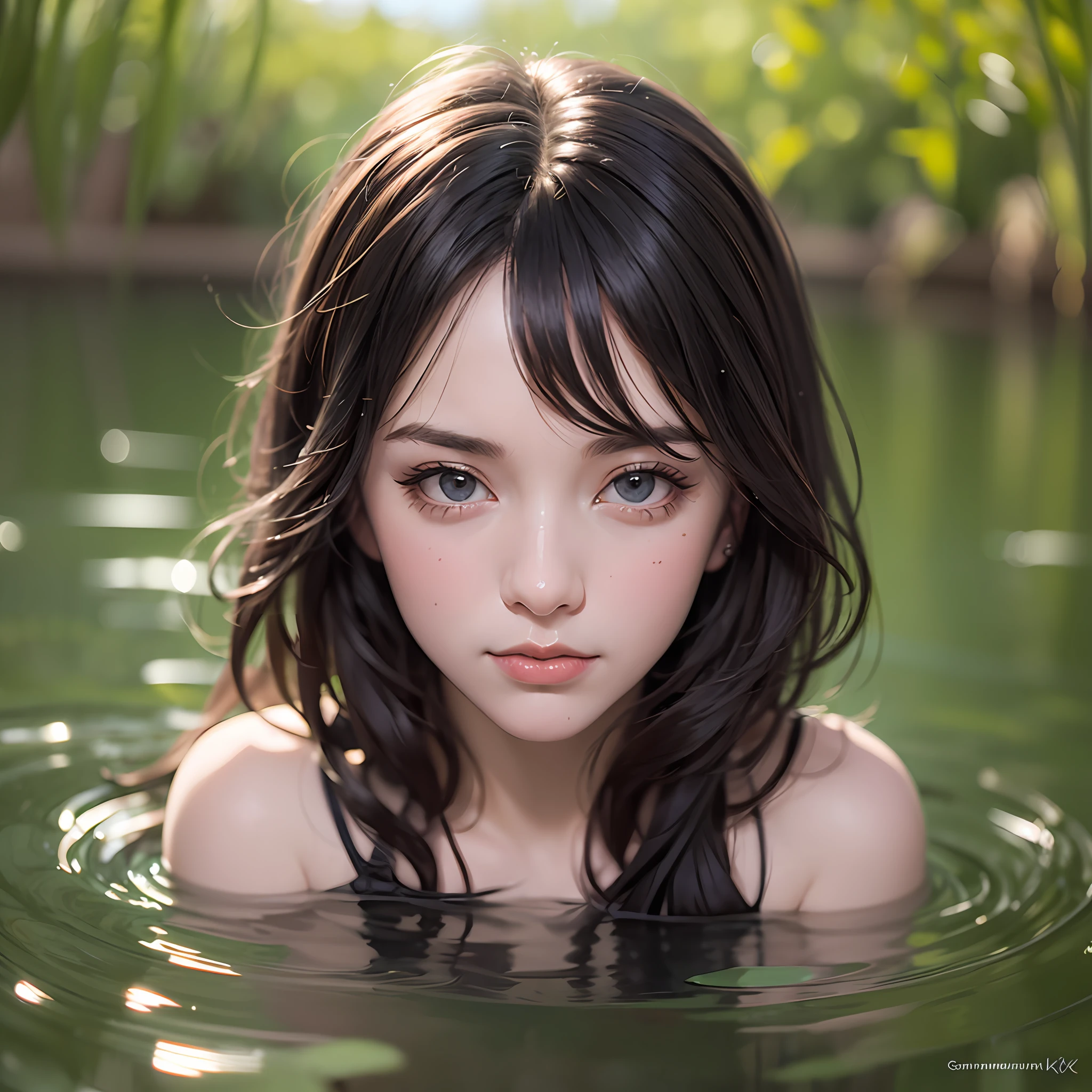 close up portrait of a cute woman (gldot) bathing in a river, girl half body drowning in the water, reeds, (backlighting), realistic, masterpiece, highest quality, lens flare, shade, bloom, [[chromatic aberration]], by Jeremy Lipking, by Antonio J. Manzanedo, digital painting,