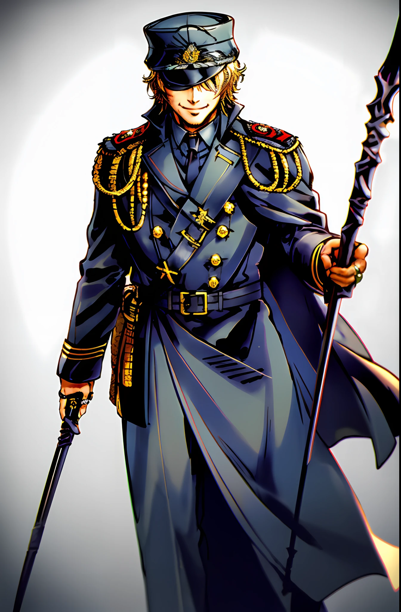 shinkawa youji, (masterpiece:1.5),highlydetailed, (golden hair:silver hair:0.5) , (Germanic man:Norse man:0.8) , (one-eyed:1.2), (god of wisdom:1.5), (Nordic:Germanic:0.7), (German military uniform:1.2), (god of the hunt:1.2), (raven:0.8), (golden ring:1.2), (stylish hat:1.2), (smiling:1.2), (glowing eternal spear:1.2), (rune symbols surrounding him:1.2)